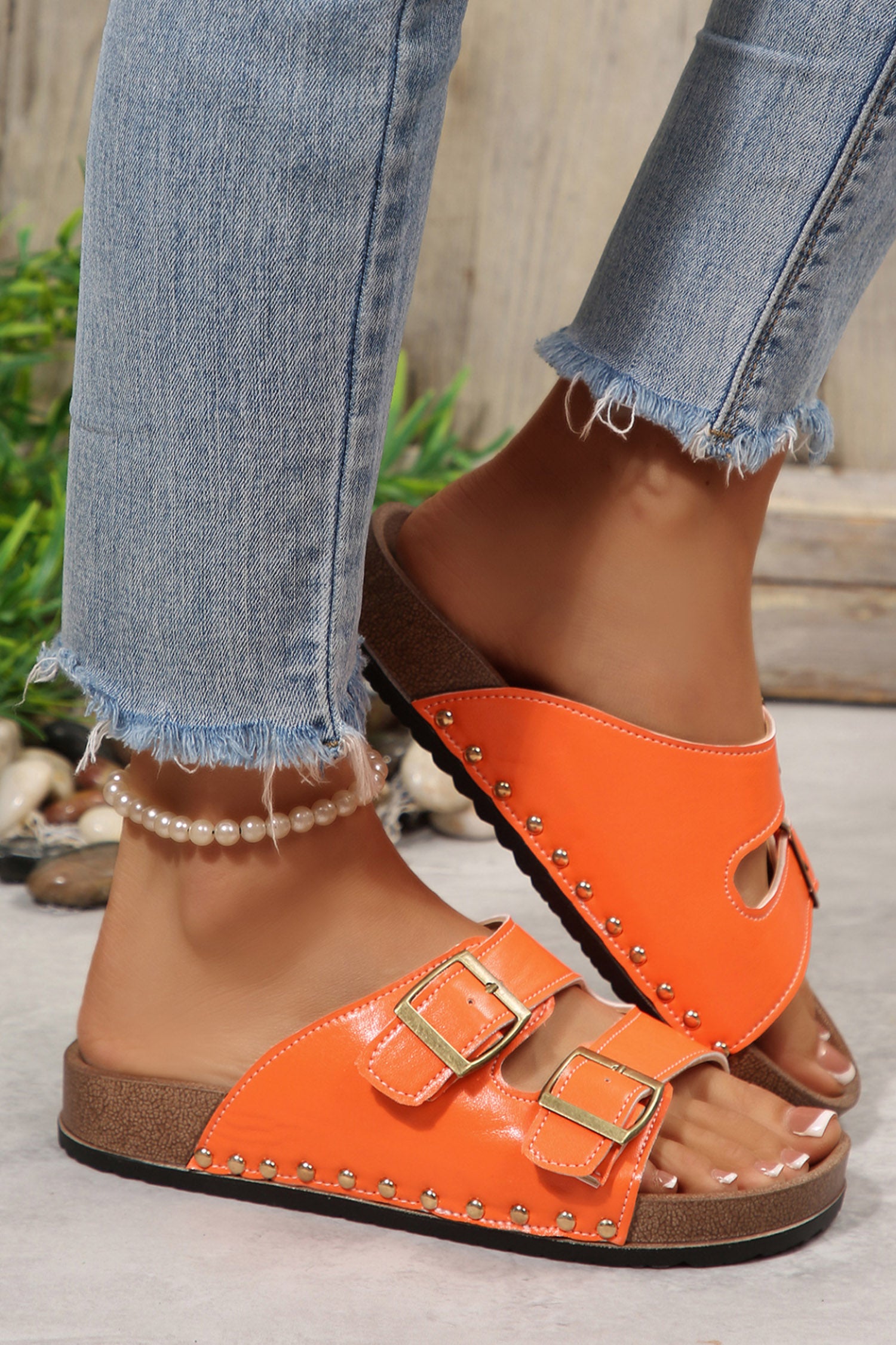 Orange Retro Buckle Cutout Straps PU Leather Studded Slippers