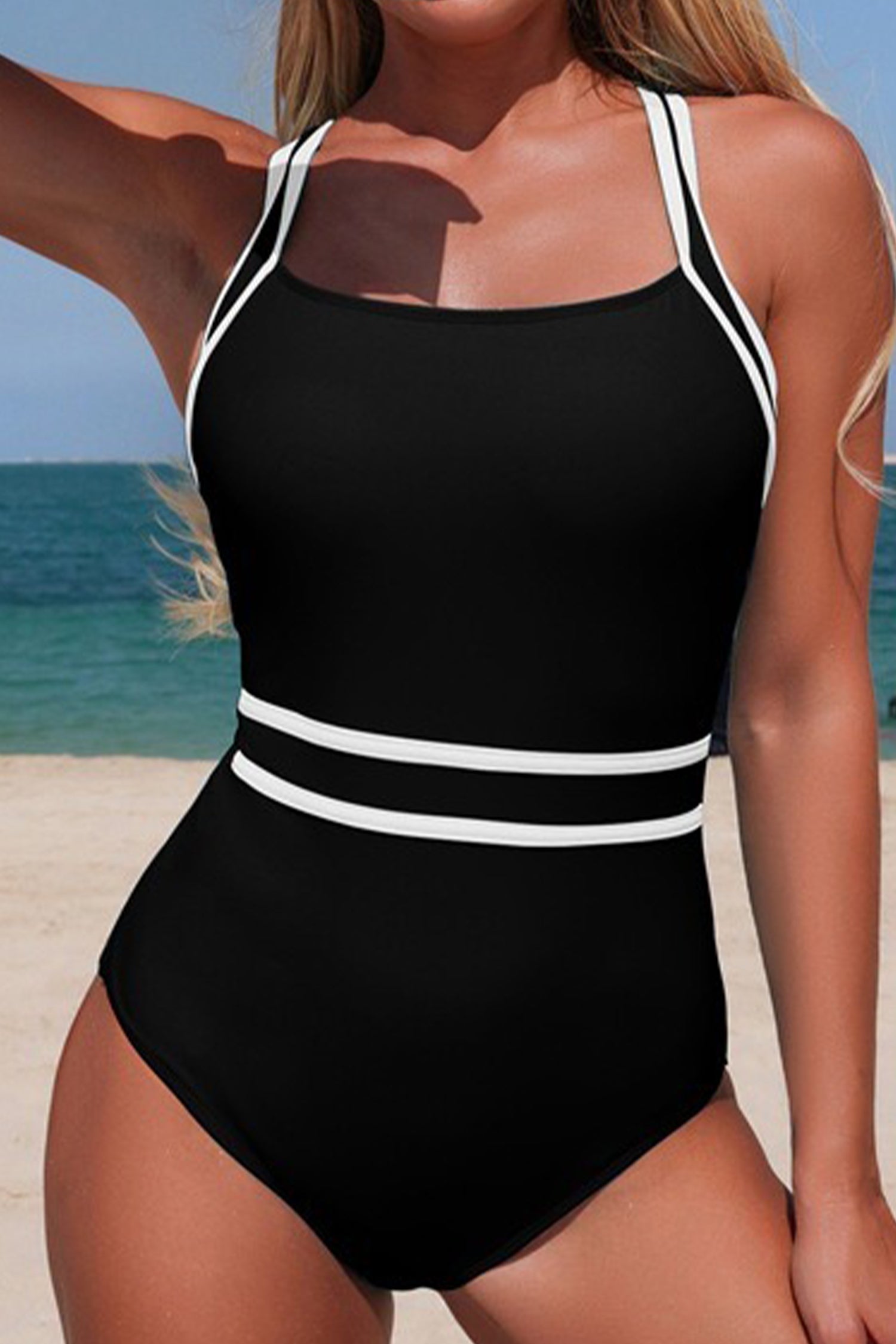 Black Contrast Piping Trim Adjustable Straps Athletic One Piece Swimsuit
