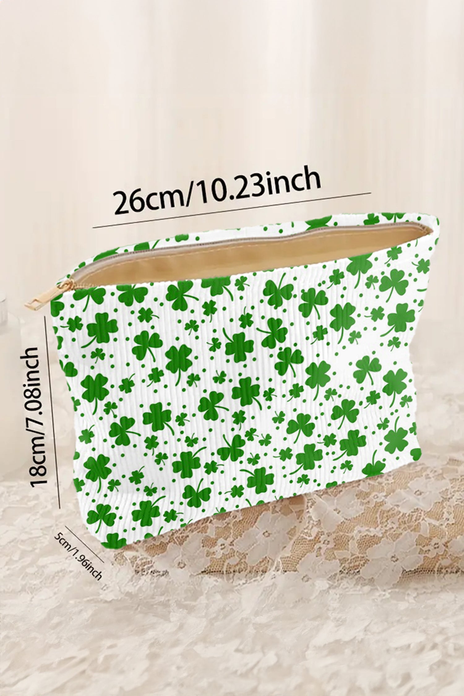 White St Patricks Lucky Clover Printed Soft Ribbed Makeup Bag