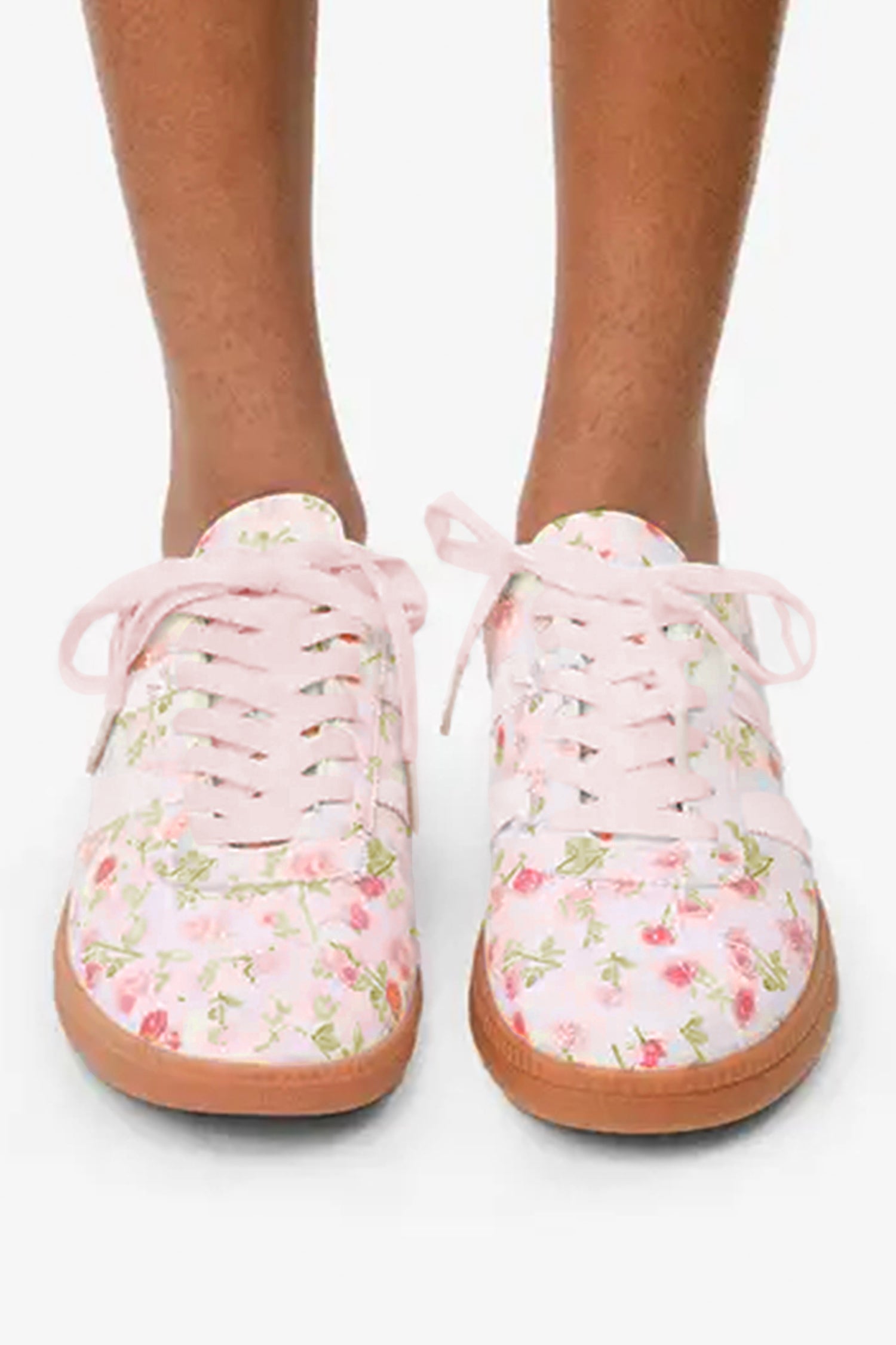 Light Pink Floral Print Lace-up PU Leather Flat Shoes