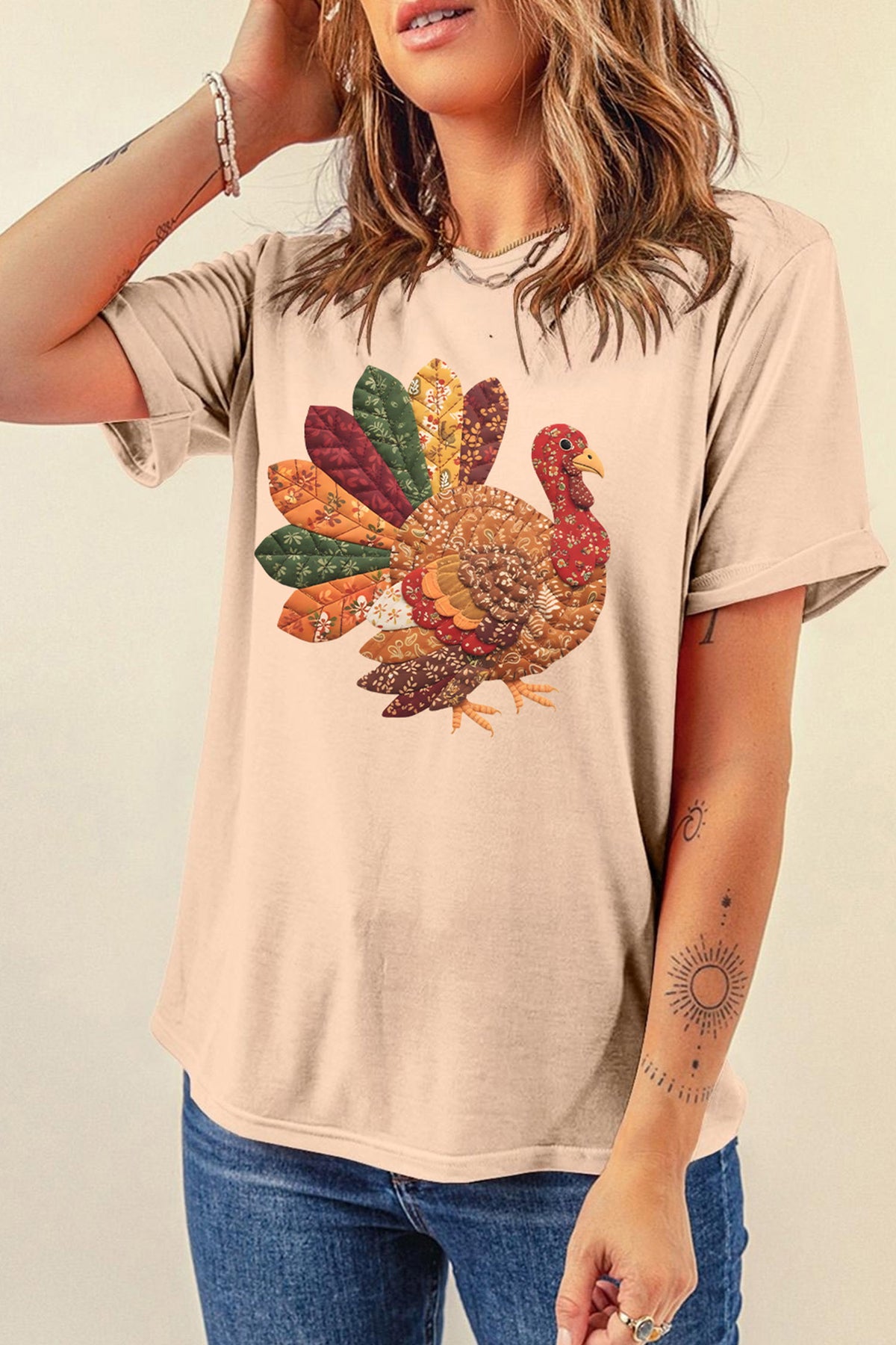 Khaki Thanksgiving Turkey Graphic Casual T Shirt