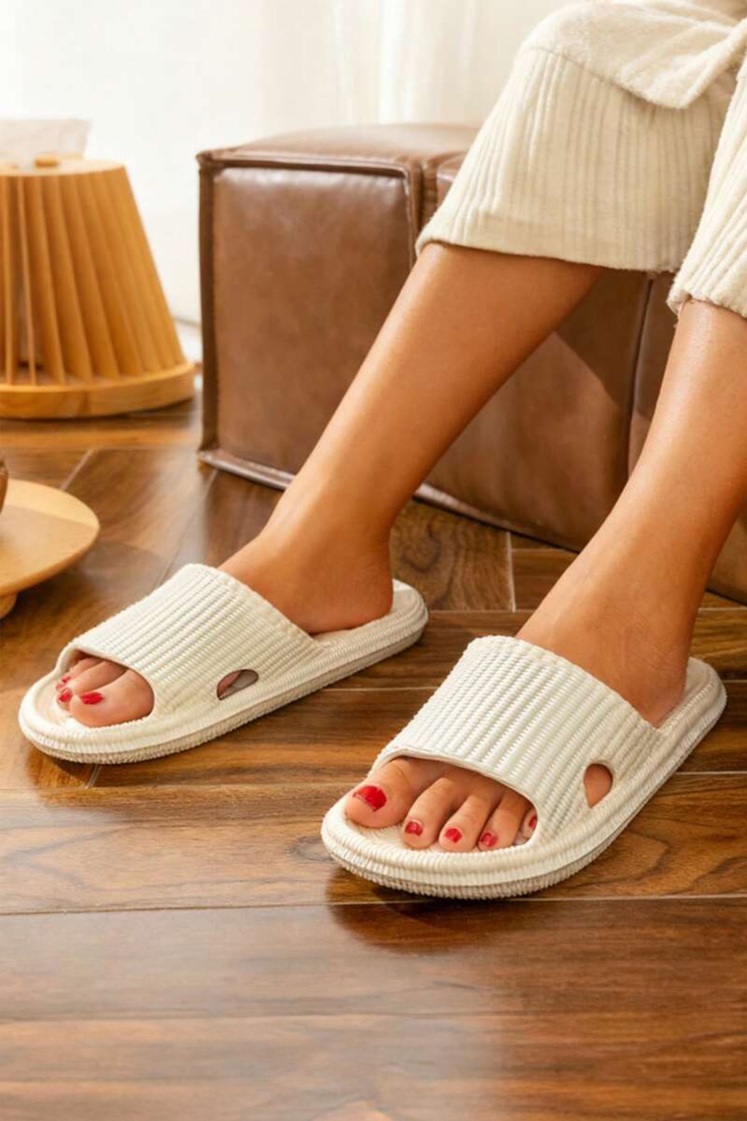 White Anti-skid Textured Hollowed Bathing Slippers