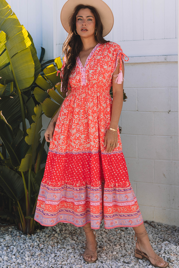 Red Floral Print Tasseled Tied Sleeve Empire Waist Maxi Dress