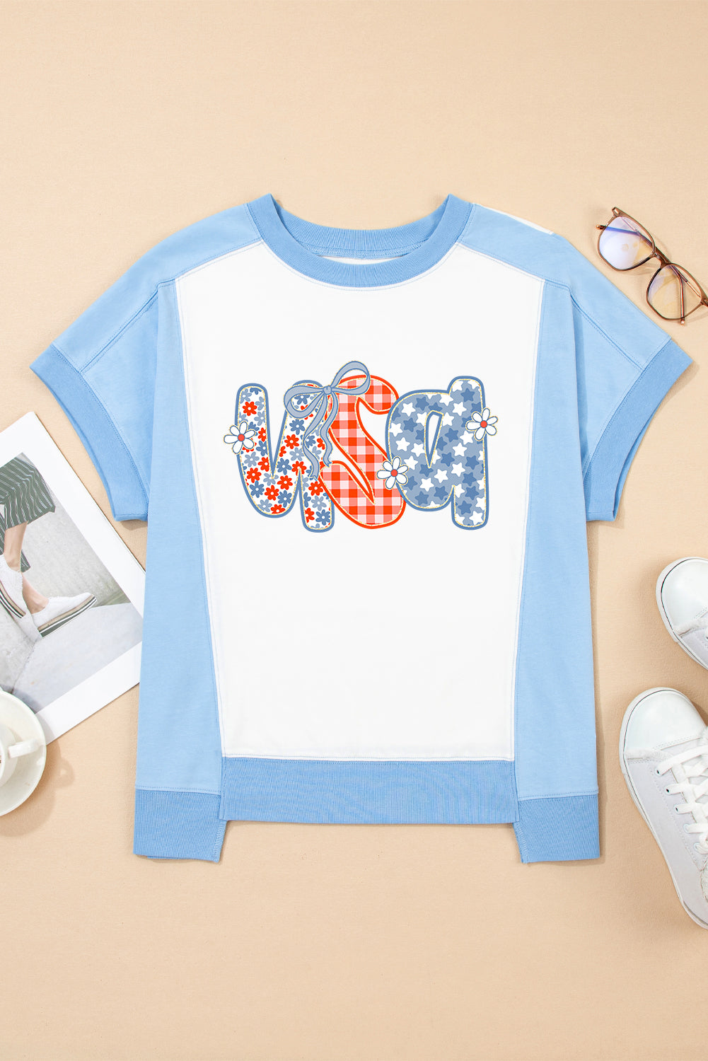 Sky Blue Star Plaid Flower USA Graphic Color Block Crewneck T Shirt