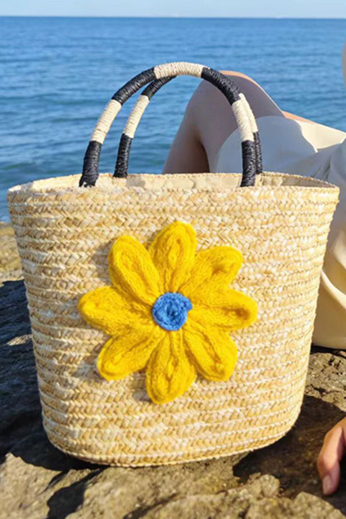 Yellow Crochet Flower Detail Boho Beach Straw Woven Handbag