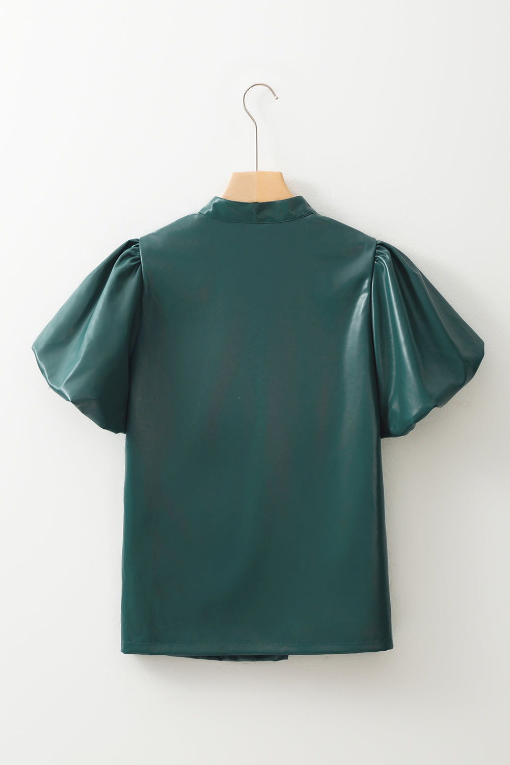 Sea Green  Notched V Neck Short Puff Sleeve PU Leather Blouse