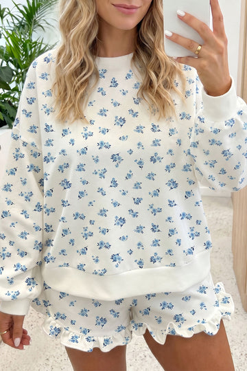 Sky Blue Floral Print Long Sleeve Top Elastic Waist Ruffle Hem Shorts 2pcs Set