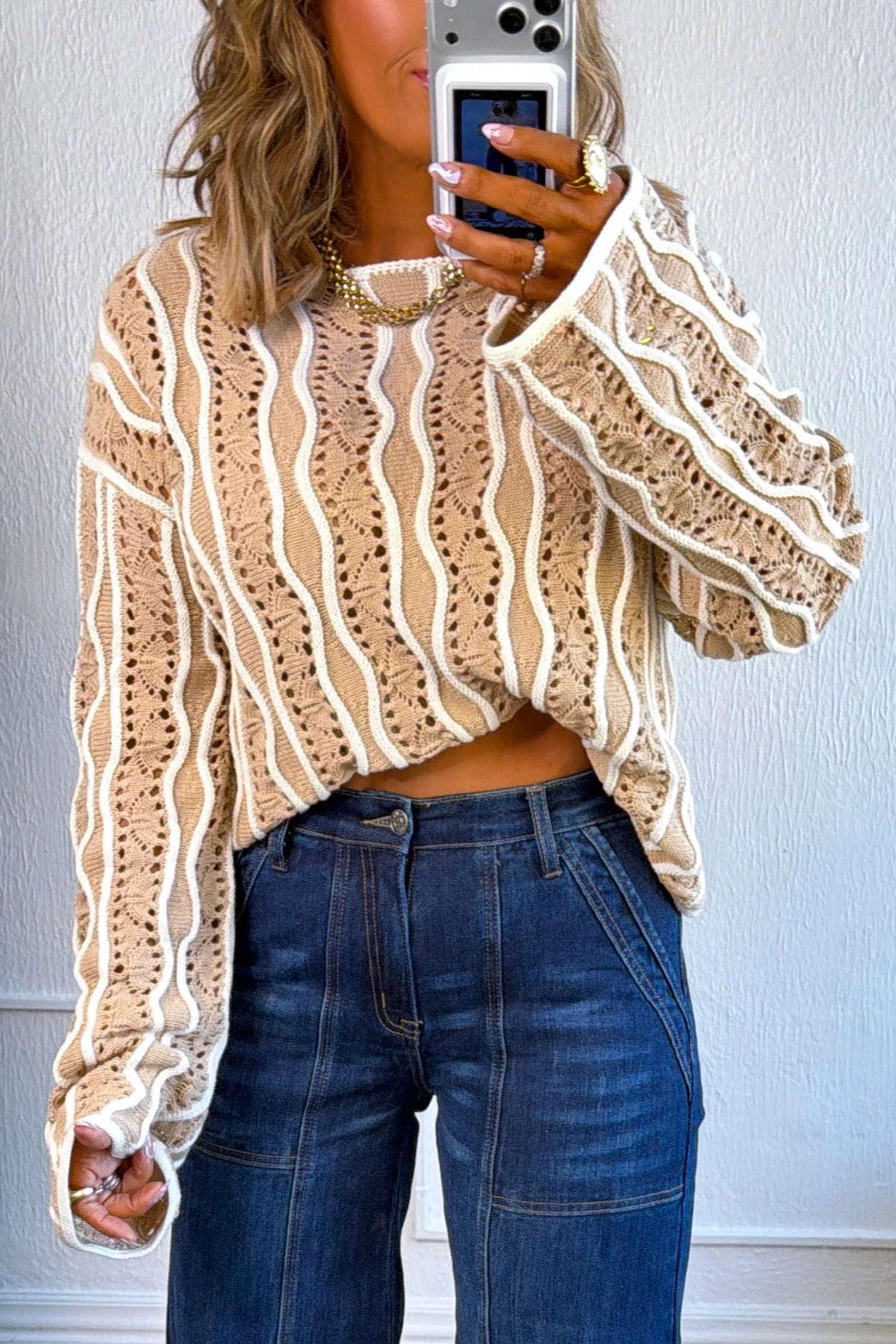 Khaki Wavy Detail Hollow Out Knit Long Sleeve Cotton Pullover Sweater