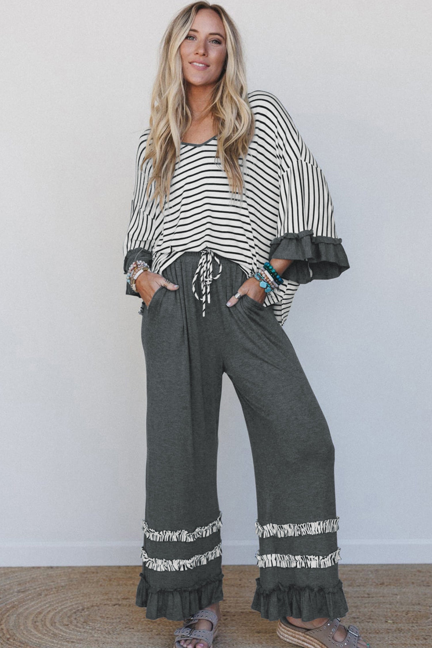 Gray Stripe V Neck Ruffle Contrast Sleeve Top Drawstring Pants 2pcs Set