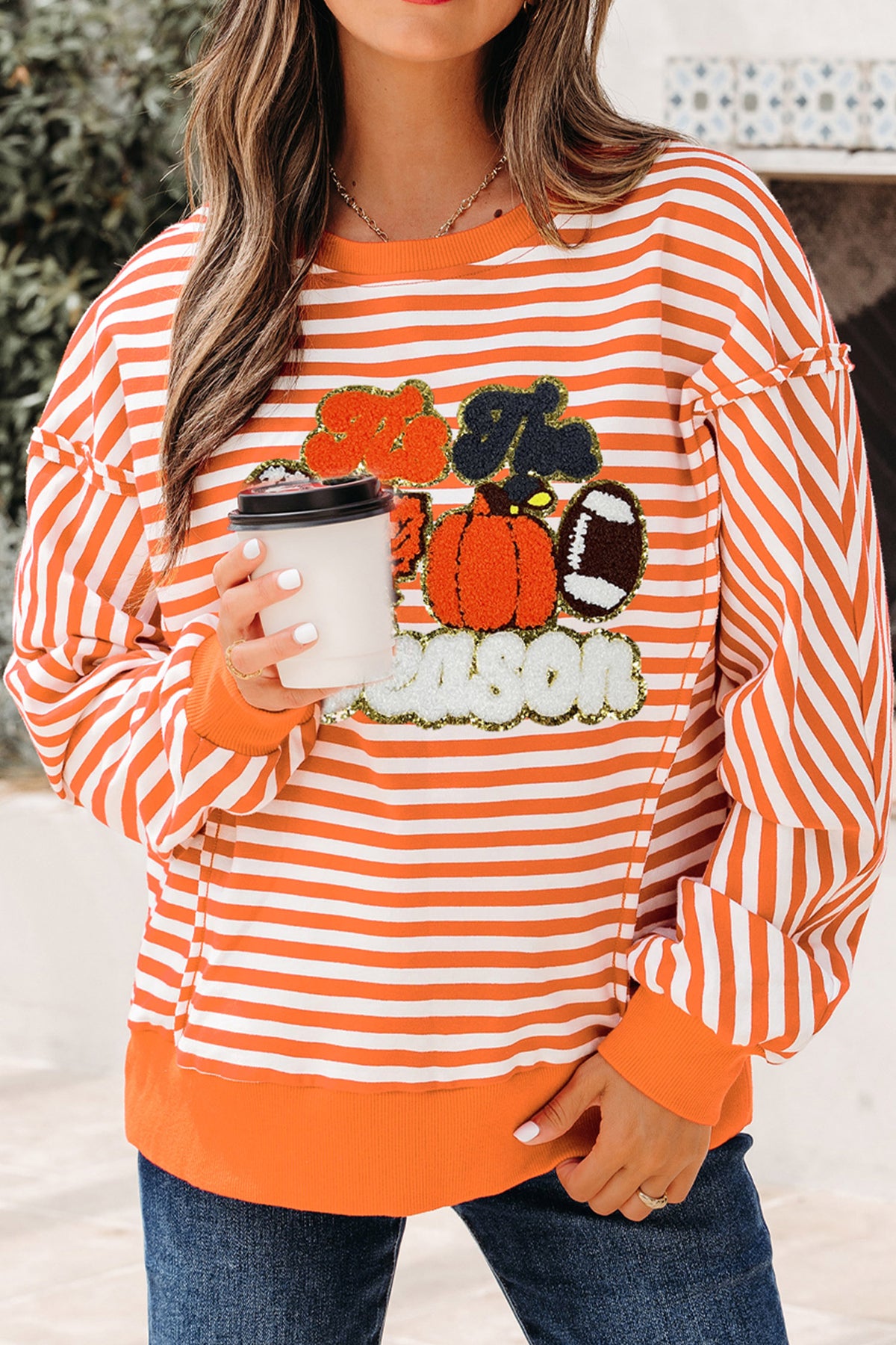 Orange Stripe Fall Vibe Pumpkin Season Graphic Long Sleeve Top