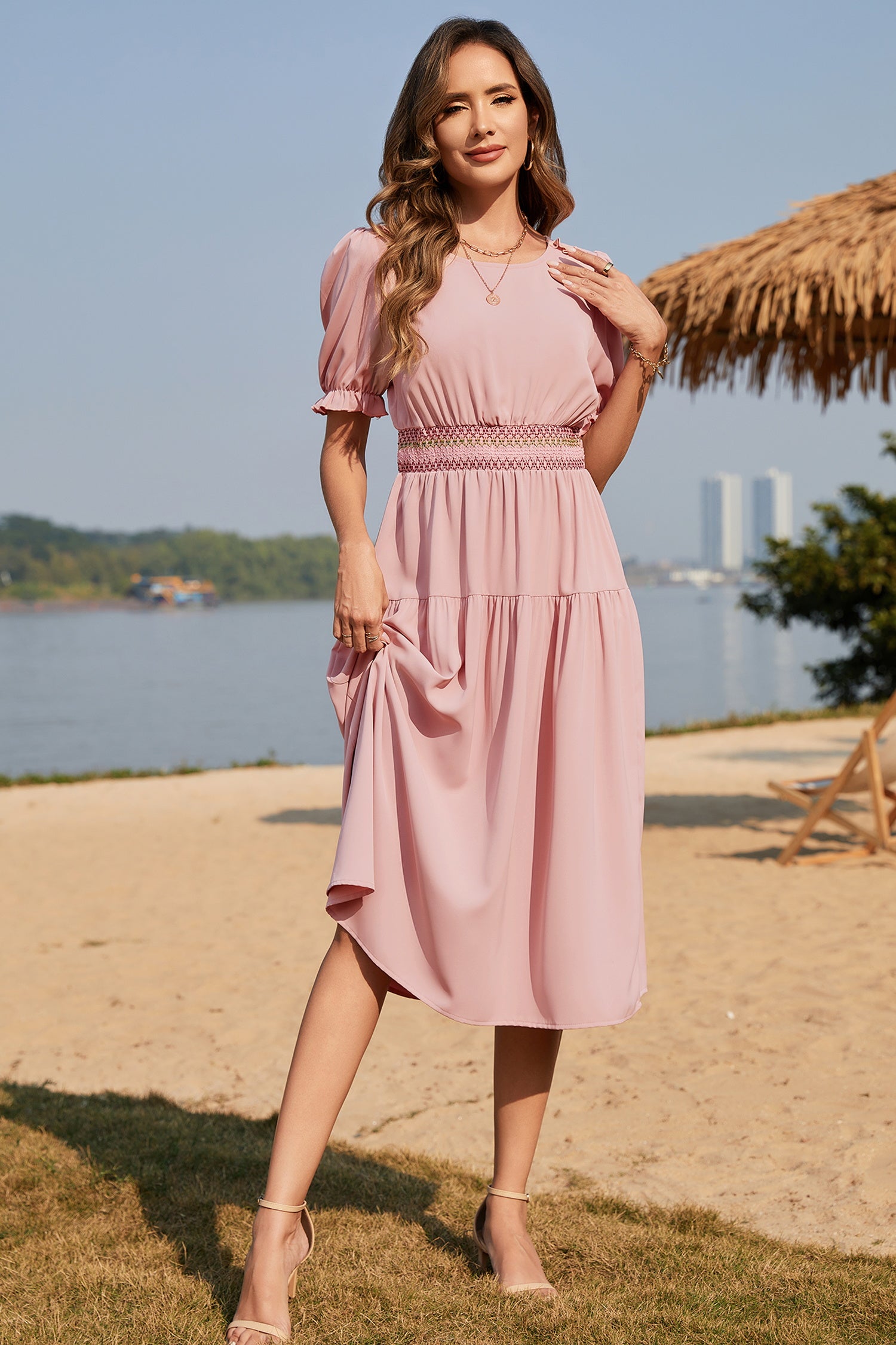 Light Pink Contrast Shirred Elastic Waist Short Sleeve Midi Dress