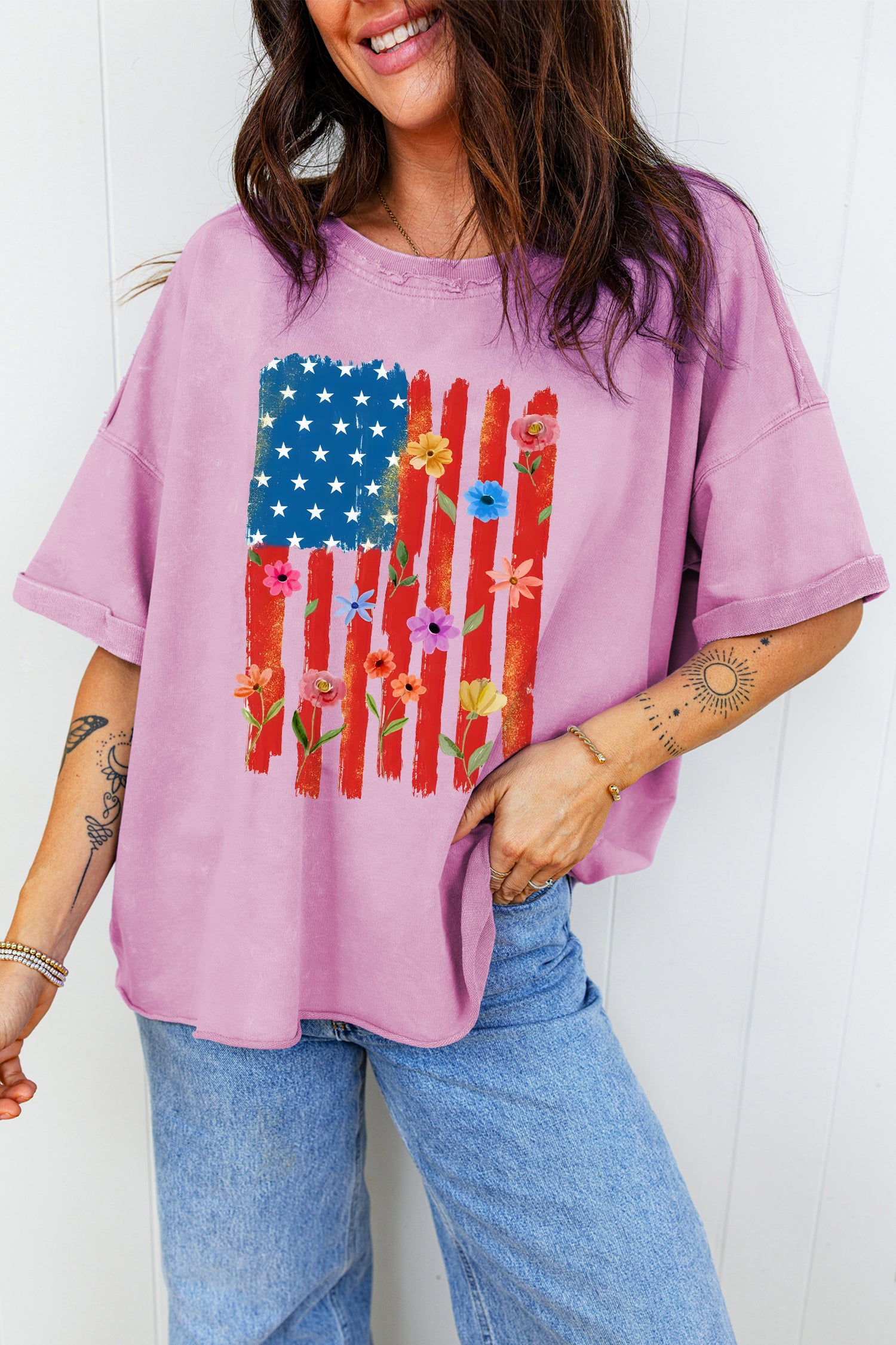 Lavendula Floral American Flag Printed Raw Edge Cotton Tee