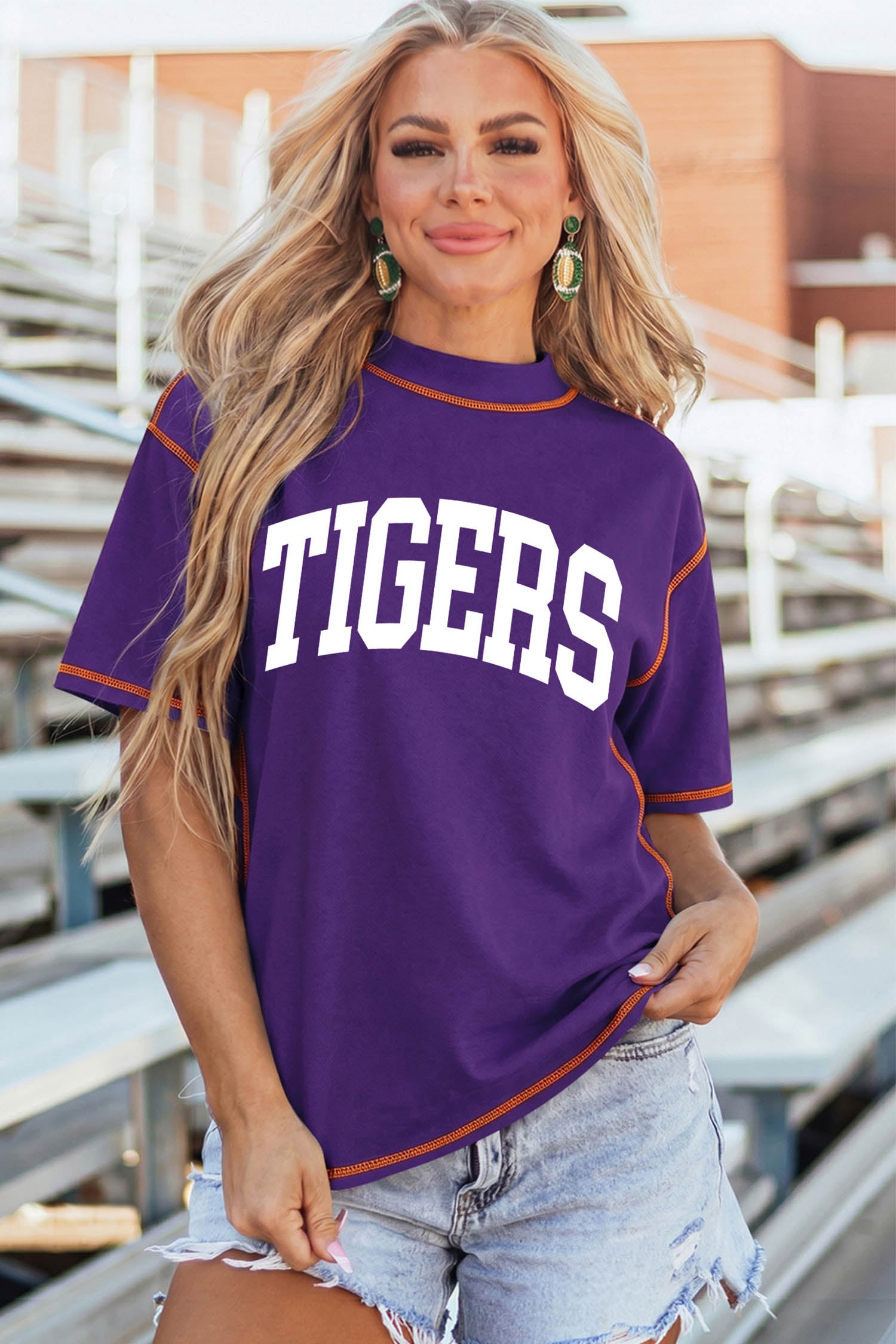 Tillandsia Purple LOUISIANA/ TIGERS Double Side Printed High Neck Reversible Casual Tee