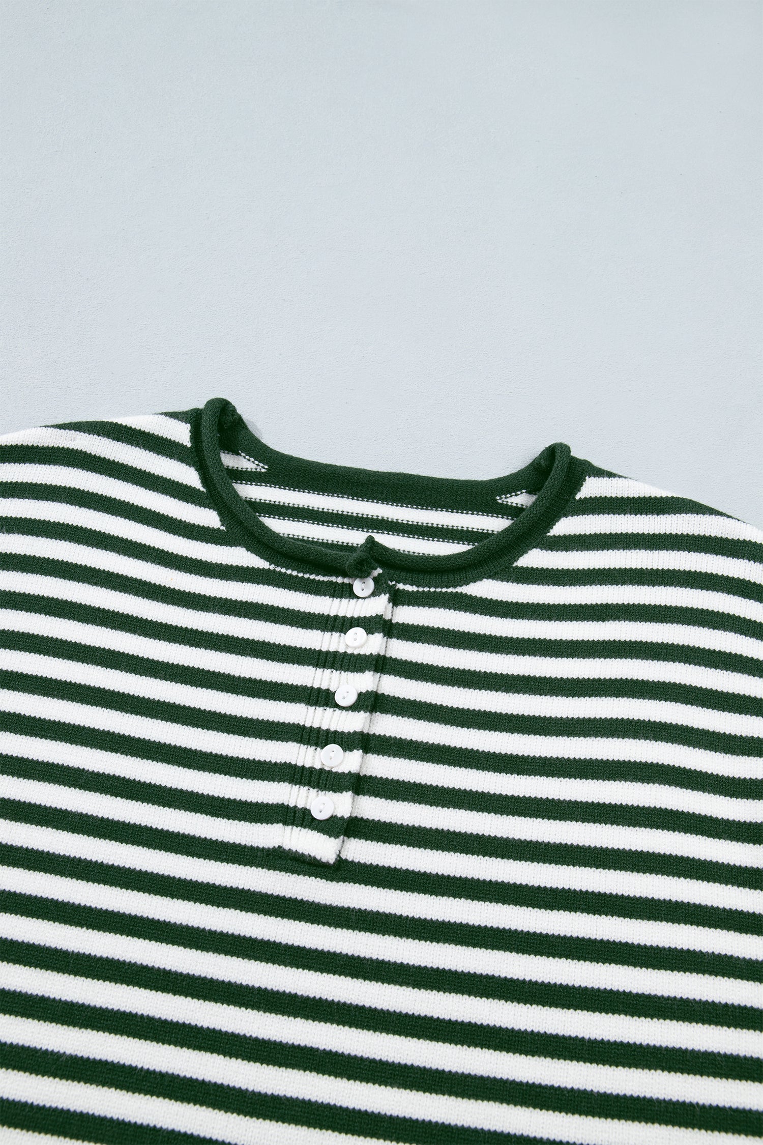 Green Stripe Striped Button Placket Drop Shoulder Long Sleeve Sweater