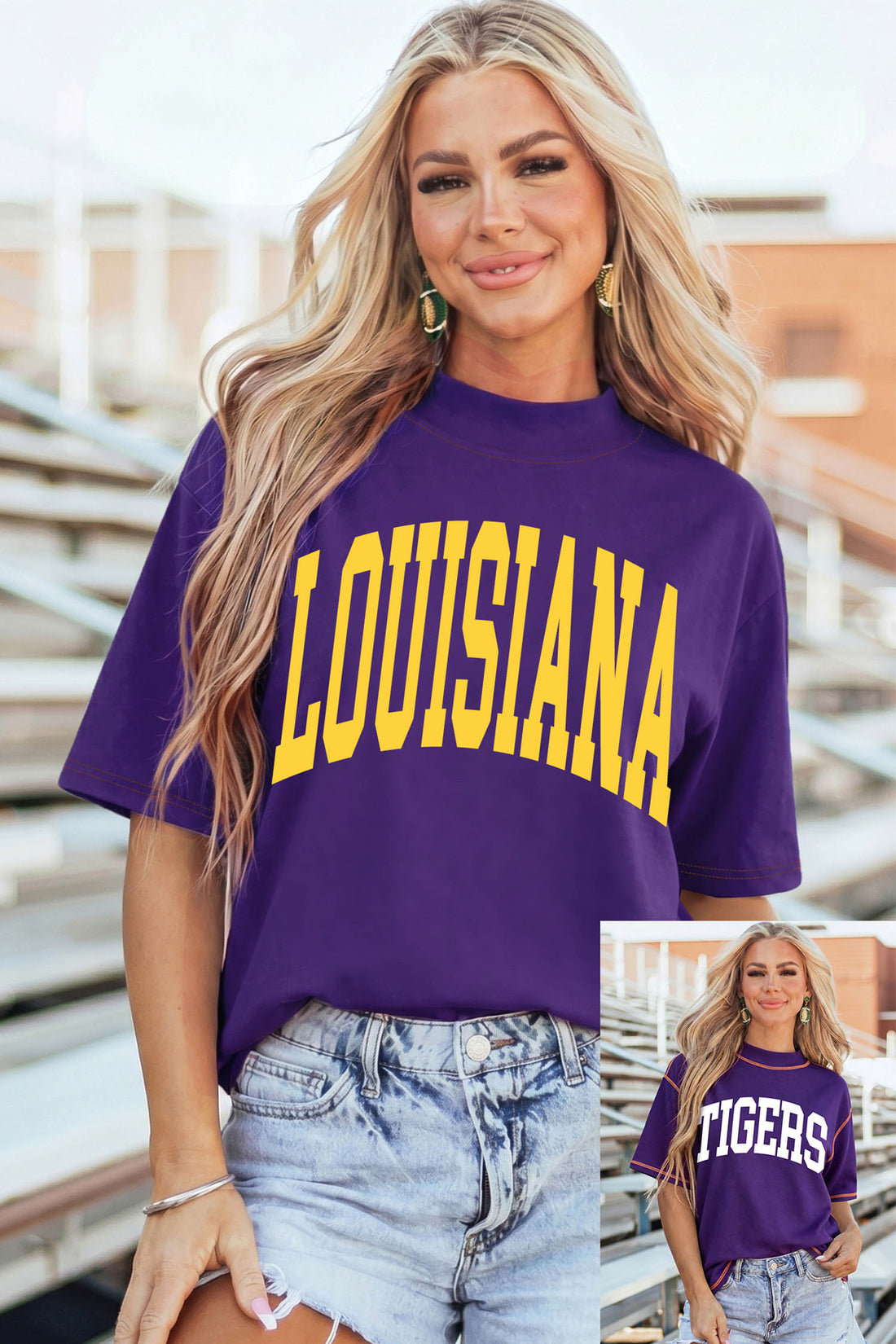 Tillandsia Purple LOUISIANA/ TIGERS Double Side Printed High Neck Reversible Casual Tee