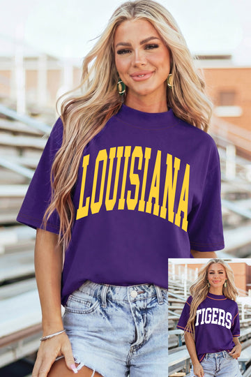 Tillandsia Purple LOUISIANA/ TIGERS Double Side Printed High Neck Reversible Casual Tee