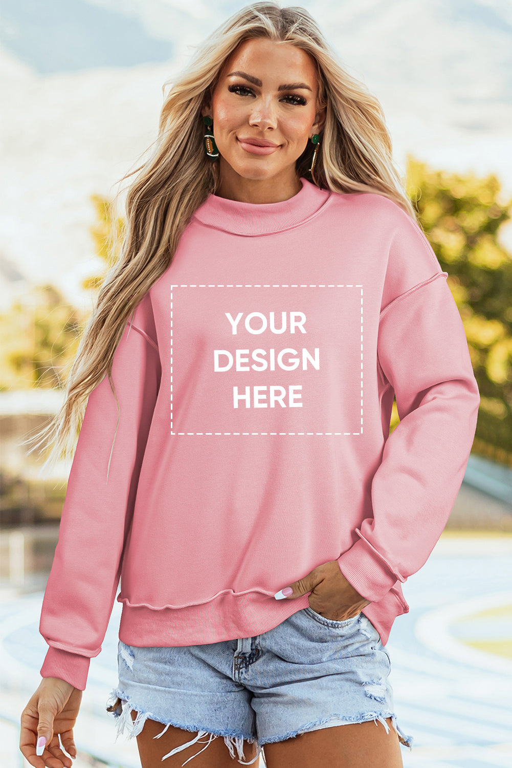 Light Pink Oversize Drop Shoulder Reversible Mock Neck Sweatshirt