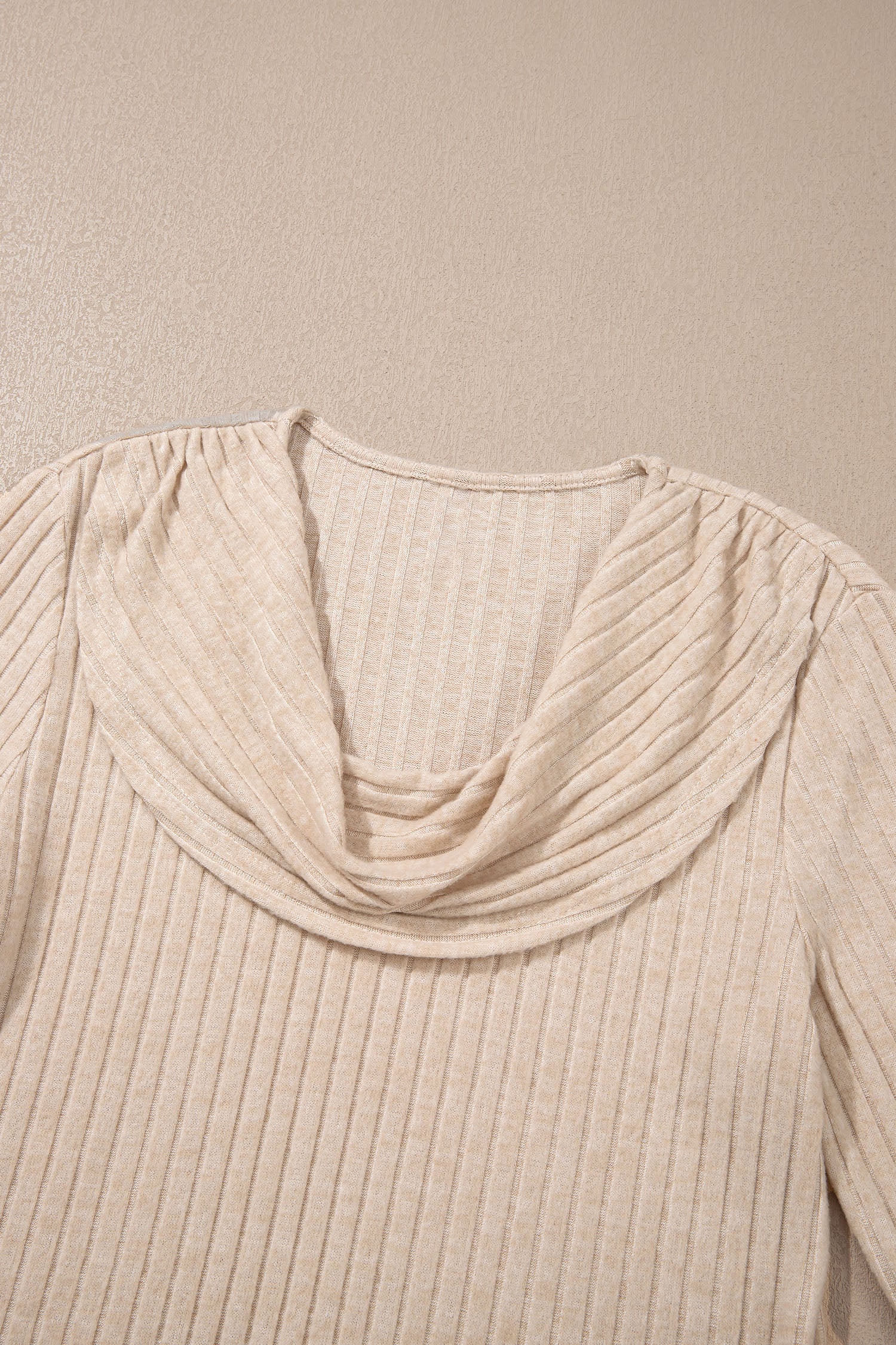 Apricot Solid Color Ribbed Knit Cowl Neck Long Sleeve Top
