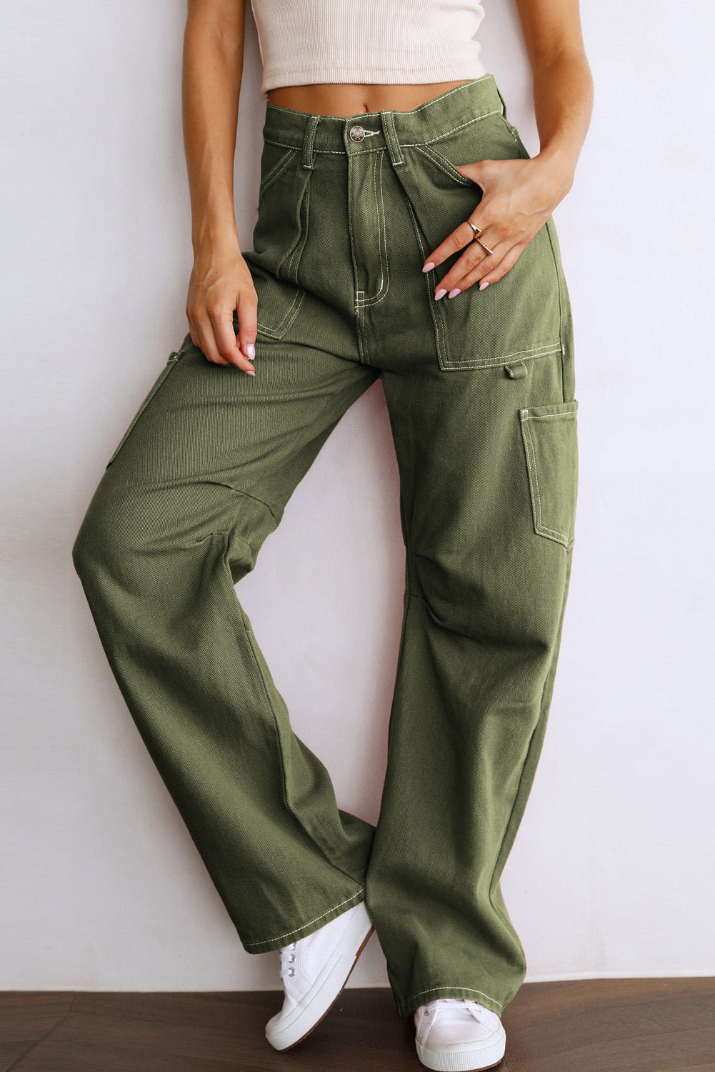 Green-2 High Waist Straight Leg Cargo Pants with Pockets