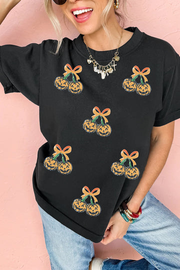 Black Sequin Pumpkin Cherry Graphic Round Neck Casual T Shirt