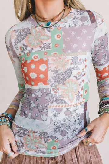 Khaki Mixed Floral Print Patchwork Mock Neck Mesh Top