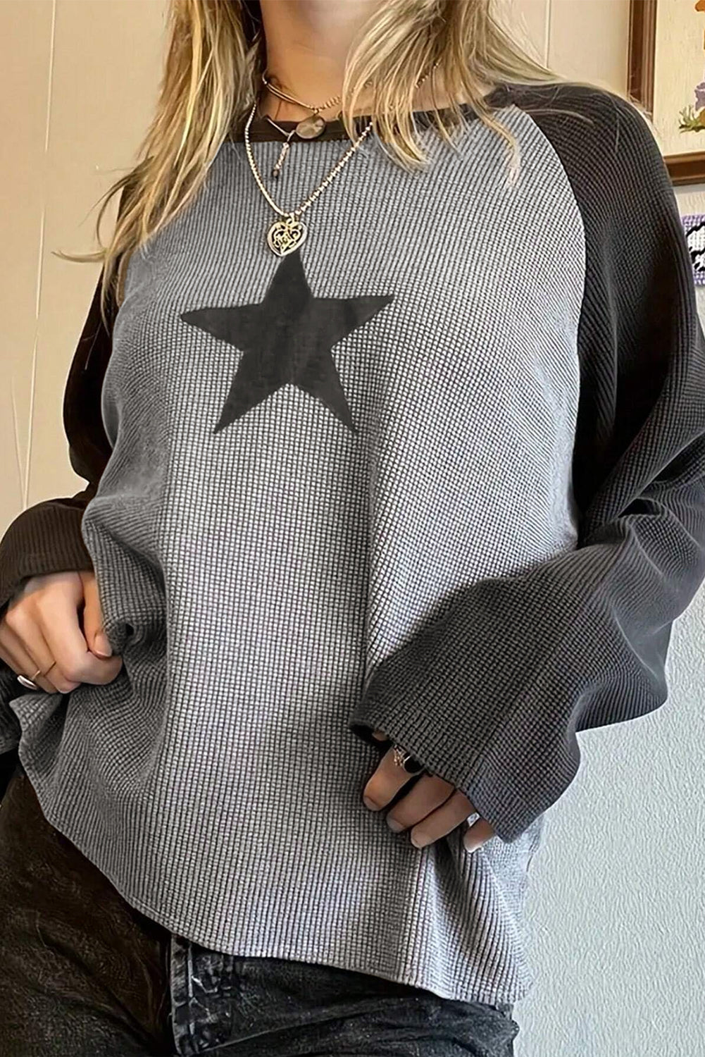 Gray Waffle Knit Colorblock Star Patch Graphic Raglan Top