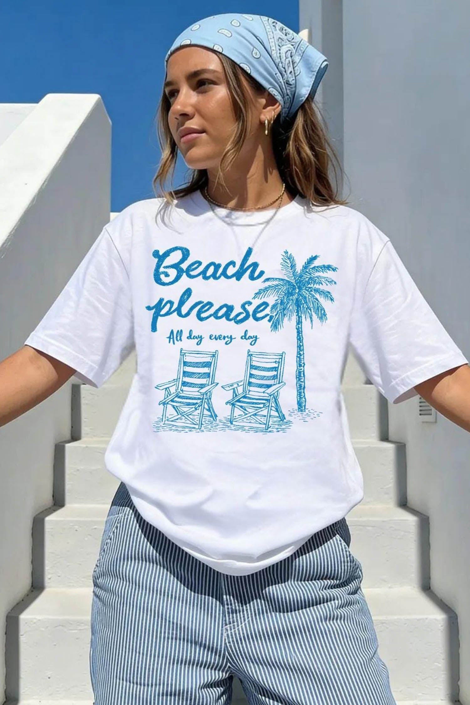 White Beach Vacation Theme Printed Loose Tee
