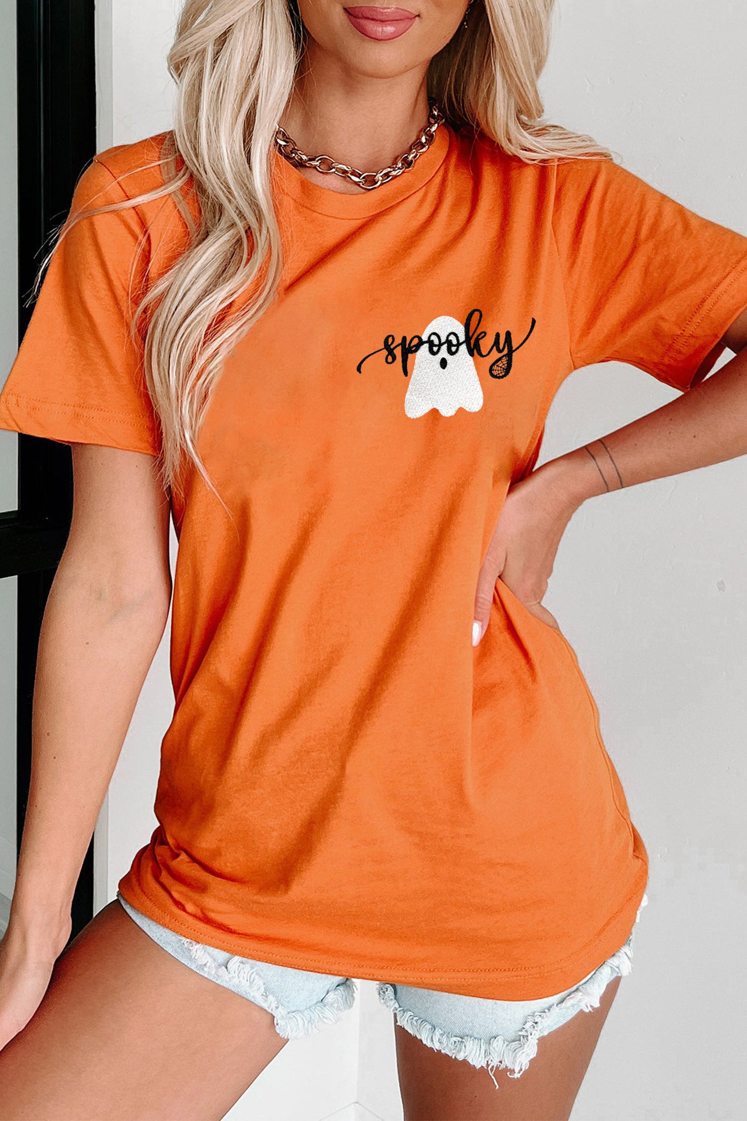 Orange Embroidered Spooky Ghost Graphic Halloween T-Shirt