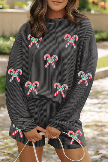 Carbon Grey Twisted Ribbed Sequin Holly Candy Cane Long Sleeve Top and Shorts 2pcs Outfit