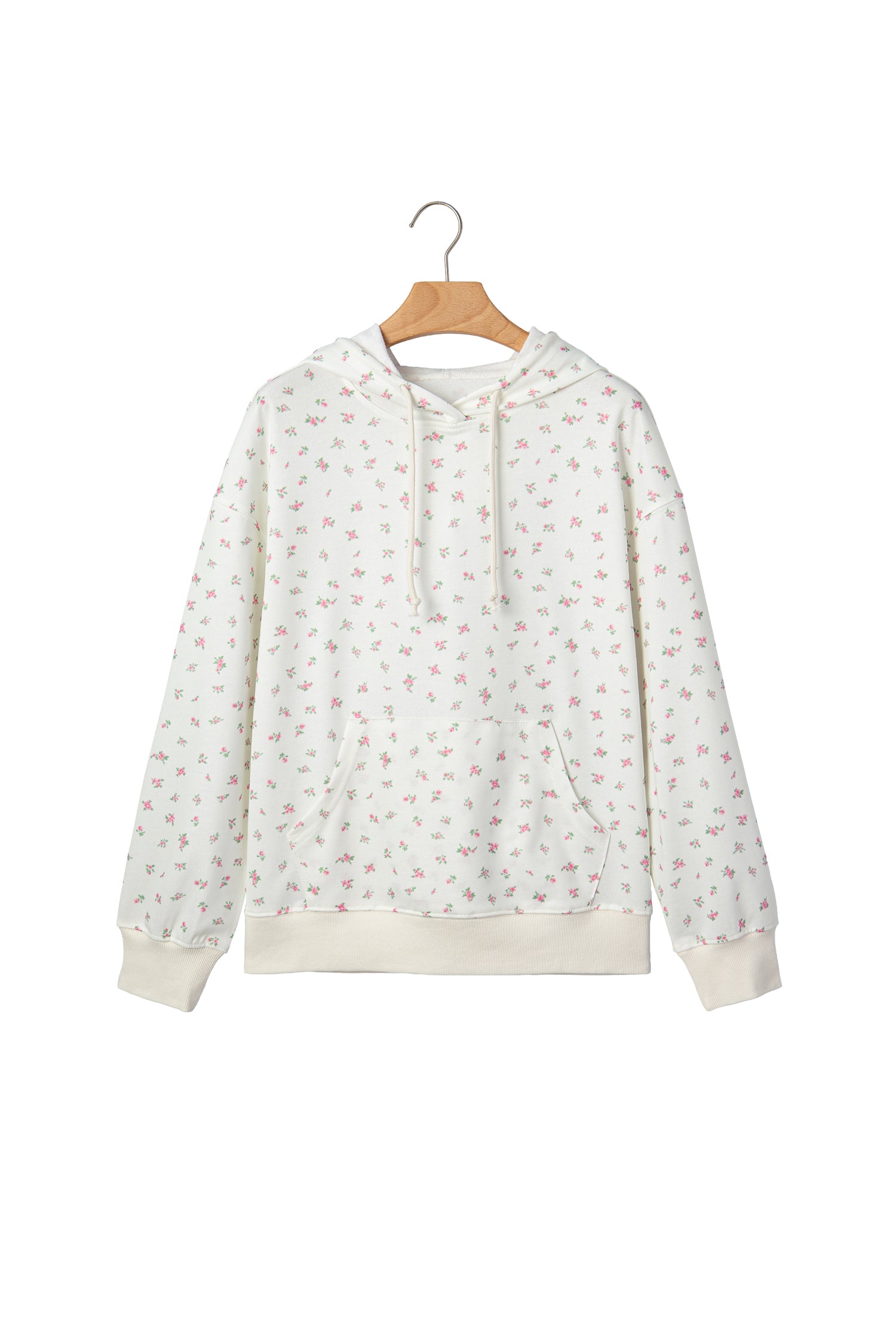 White Floral Print Ribbing Drawstring Hem Long Sleeve Hoodie