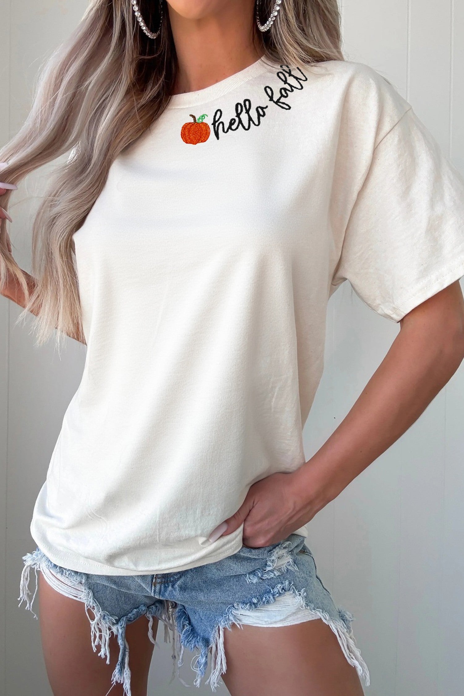 White hello fall Embroidered Pumpkin Hello Casual Round Neck T Shirt