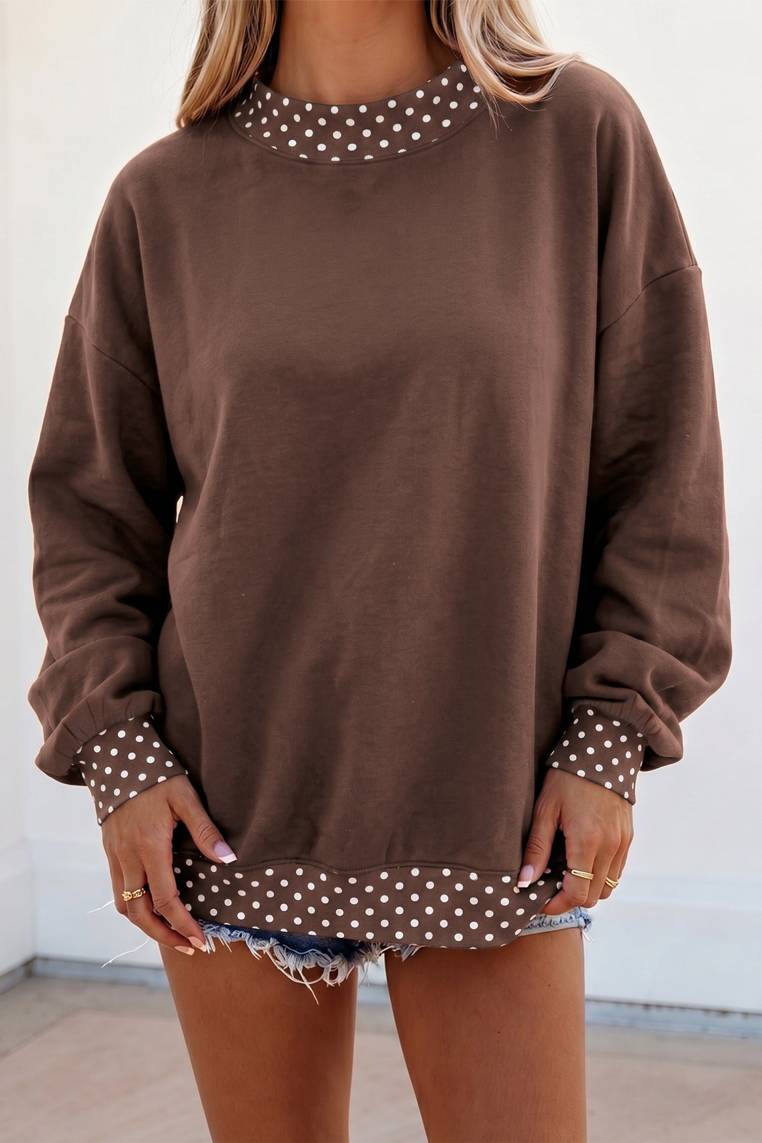 Brown Colorblock Polka Dot Contrast Trim Oversized Sweatshirt