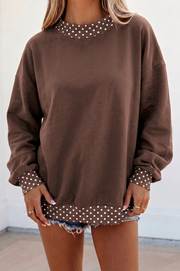 Brown Colorblock Polka Dot Contrast Trim Oversized Sweatshirt