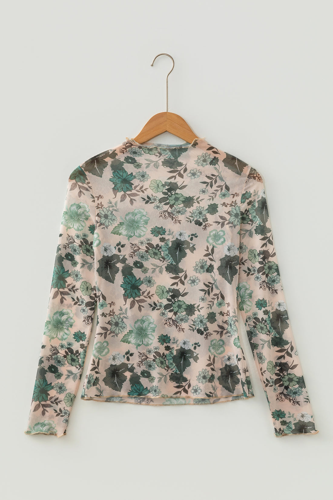 Green Western Style Floral Print Long Sleeve Mesh Top