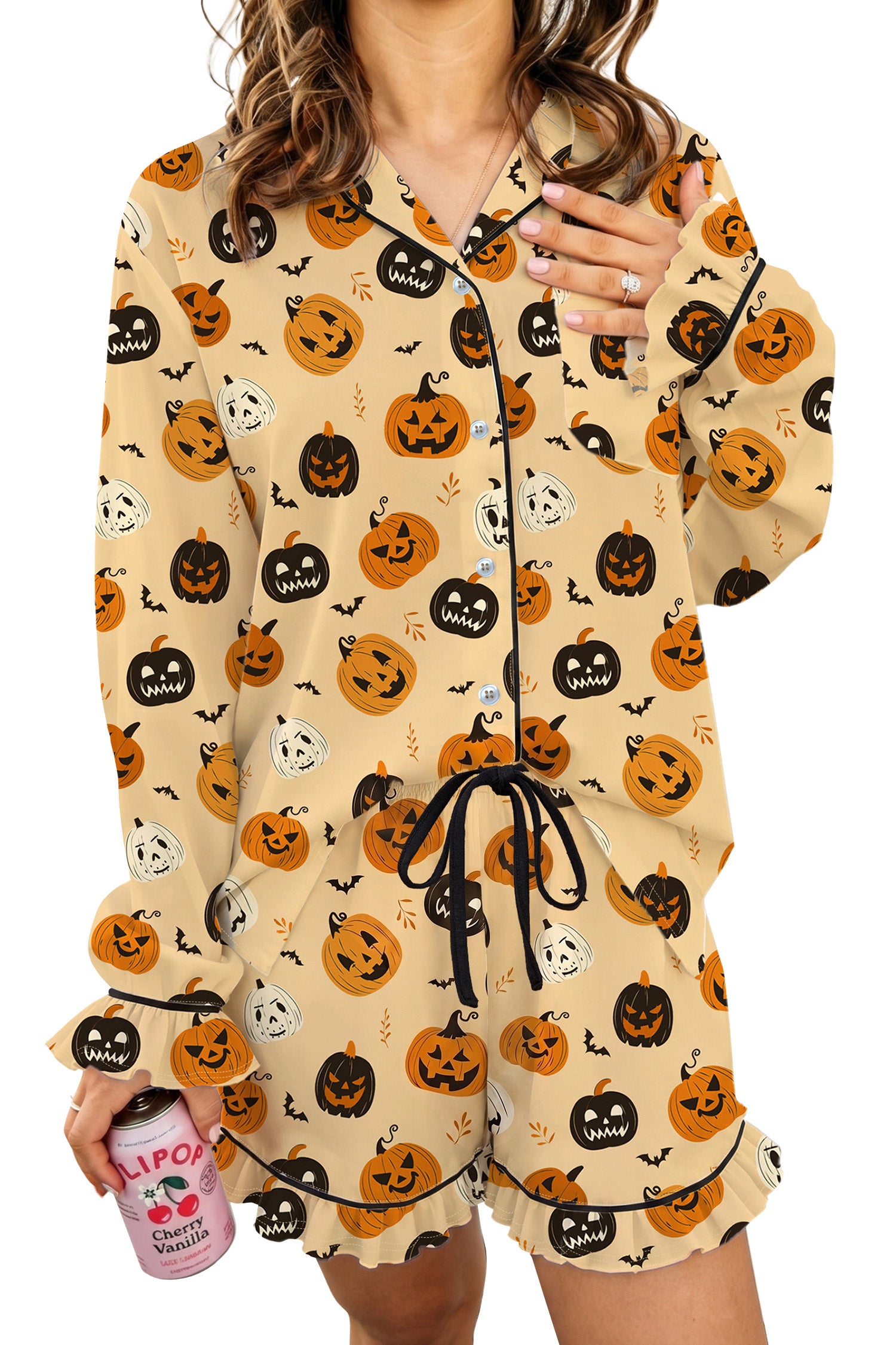 Orange Long Sleeve Ruffle Pumpkin Face Print Two Piece Lounge Set