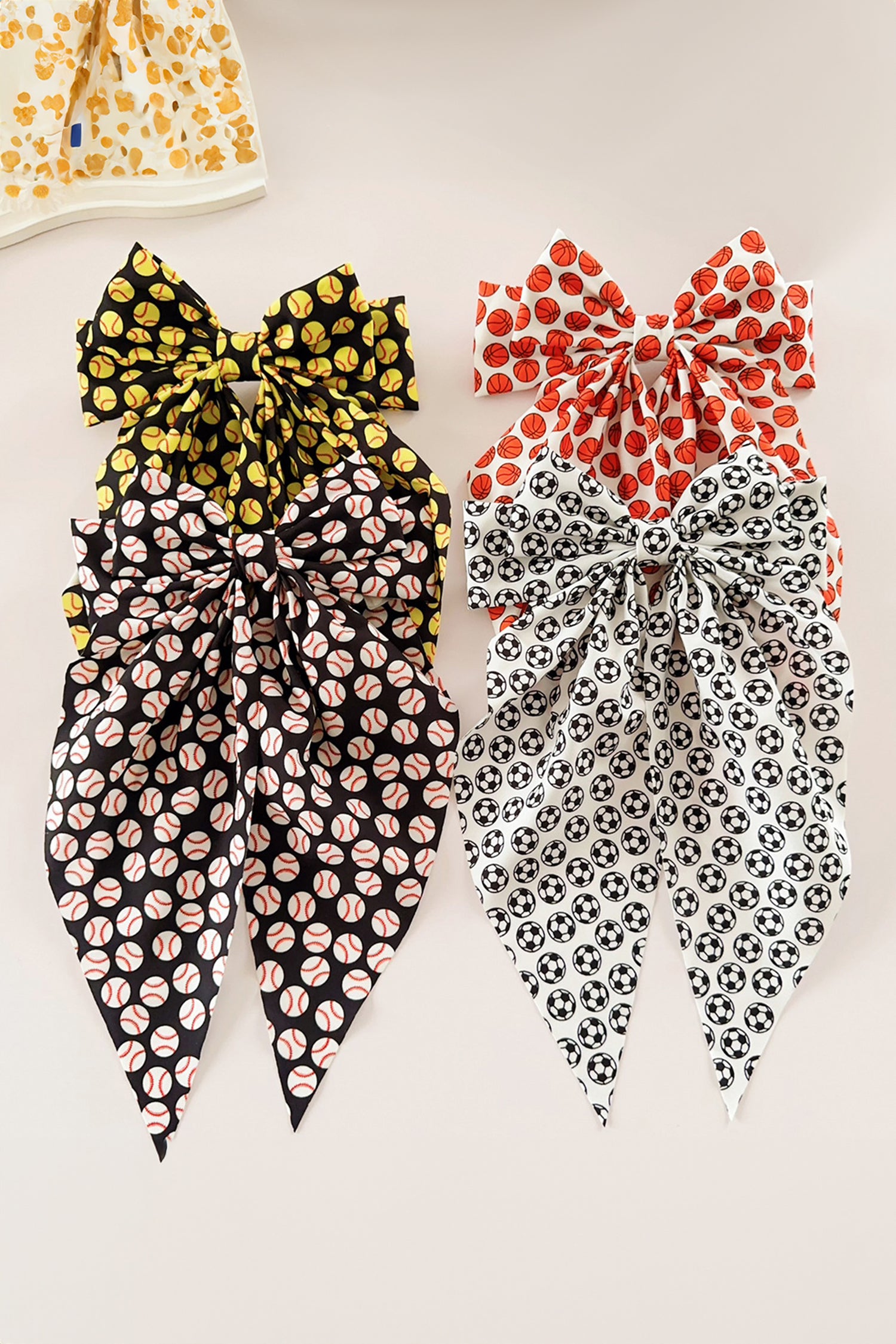 White Soccer Football Allover Ribbon Bow Hair Clip