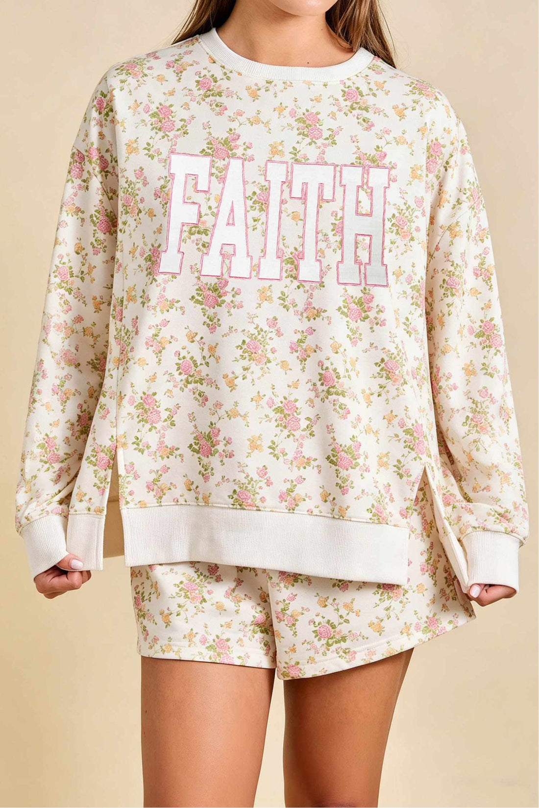 Beige Floral Print FAITH Letter Graphic Long Sleeve Top and Shorts 2pcs Set