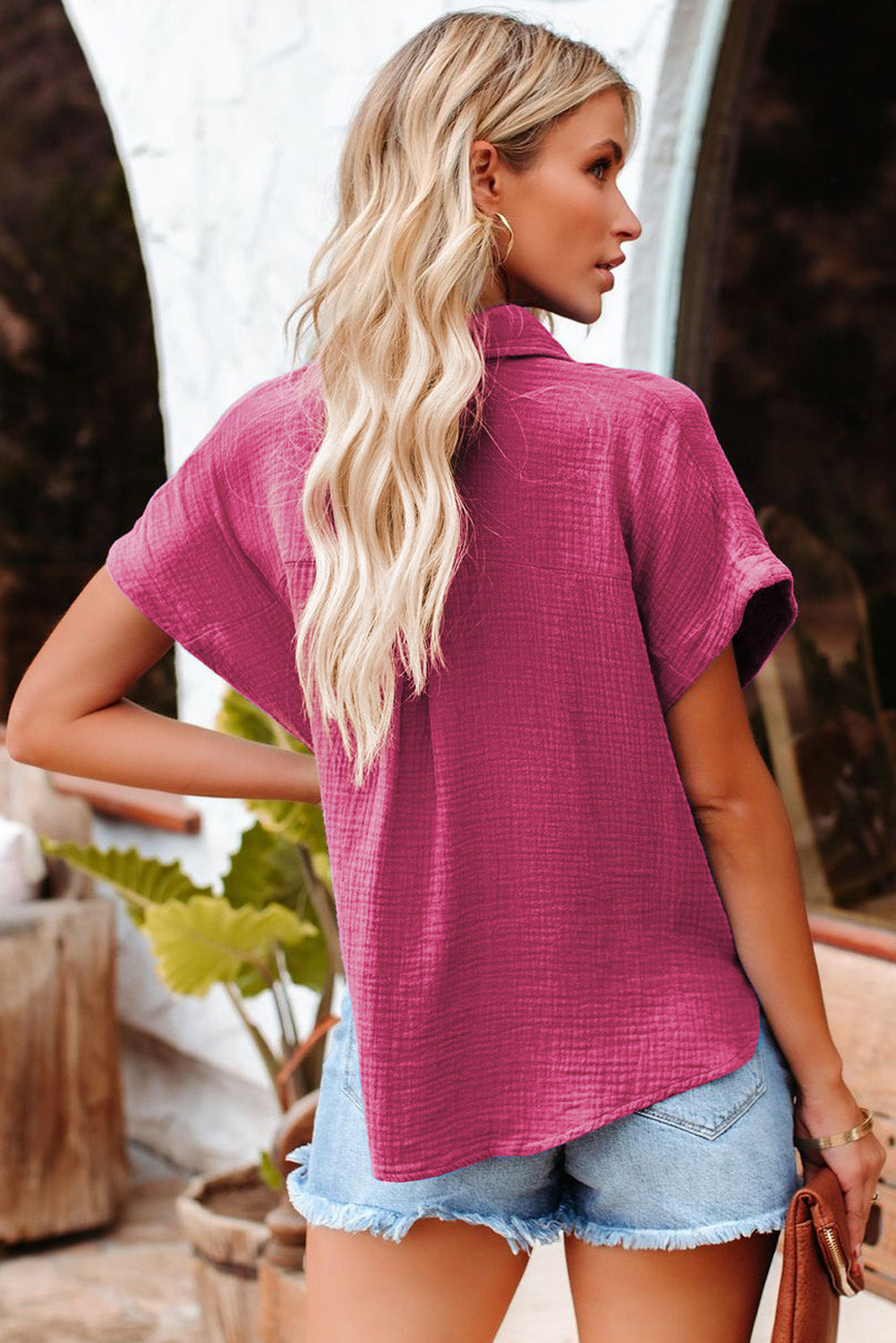 Rose Crinkle Cotton Loose Short Sleeve Shirt