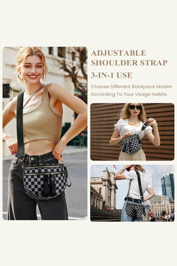 Dirty blue Checkered Print Multi Pocket Zipped Canvas Crossbody Bag
