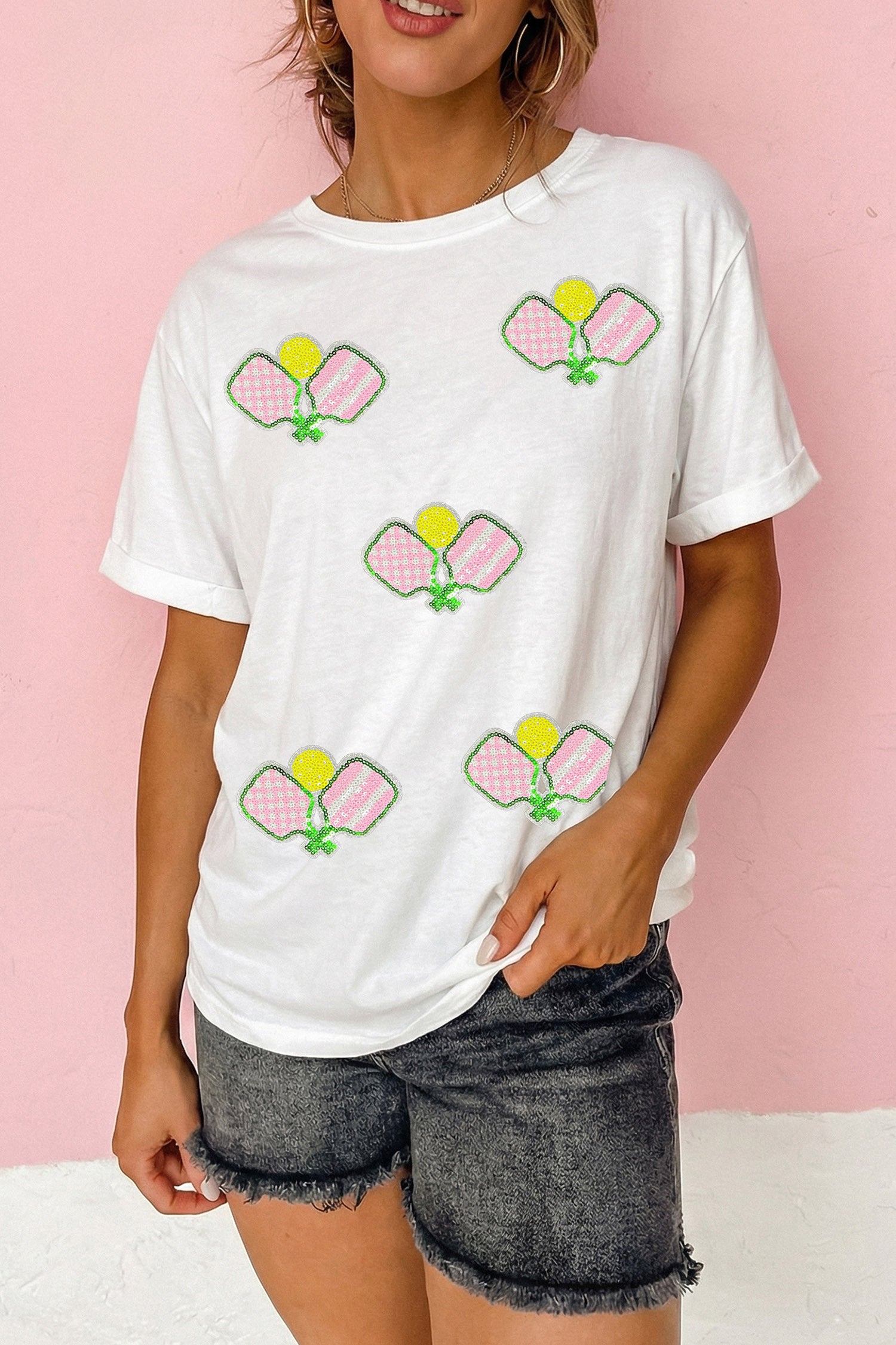 White Sequin Pickleball Graphic Summer Athleisure Tee
