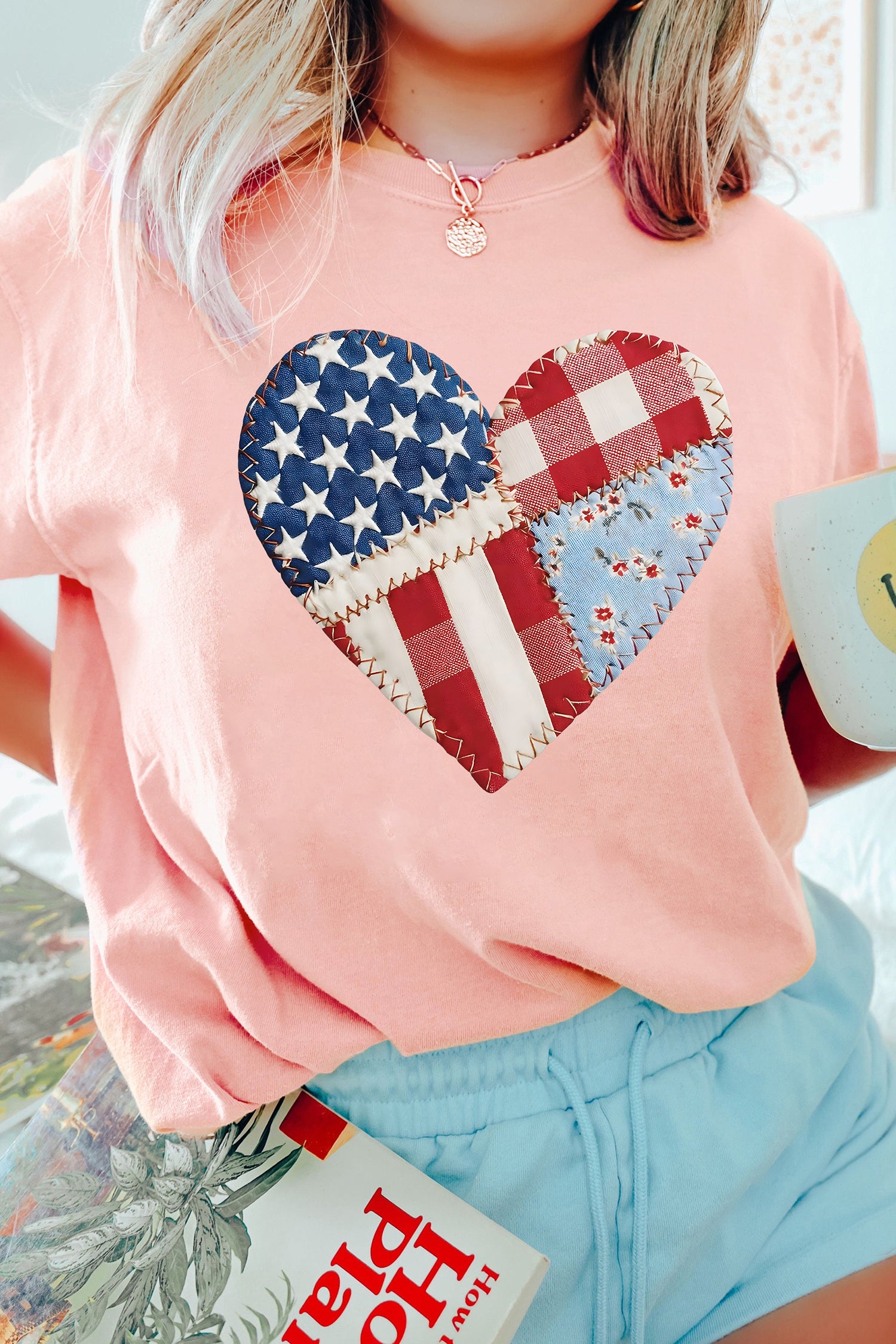 Pink Patriotic Heart DTG Faux Patchwork Printed Tee
