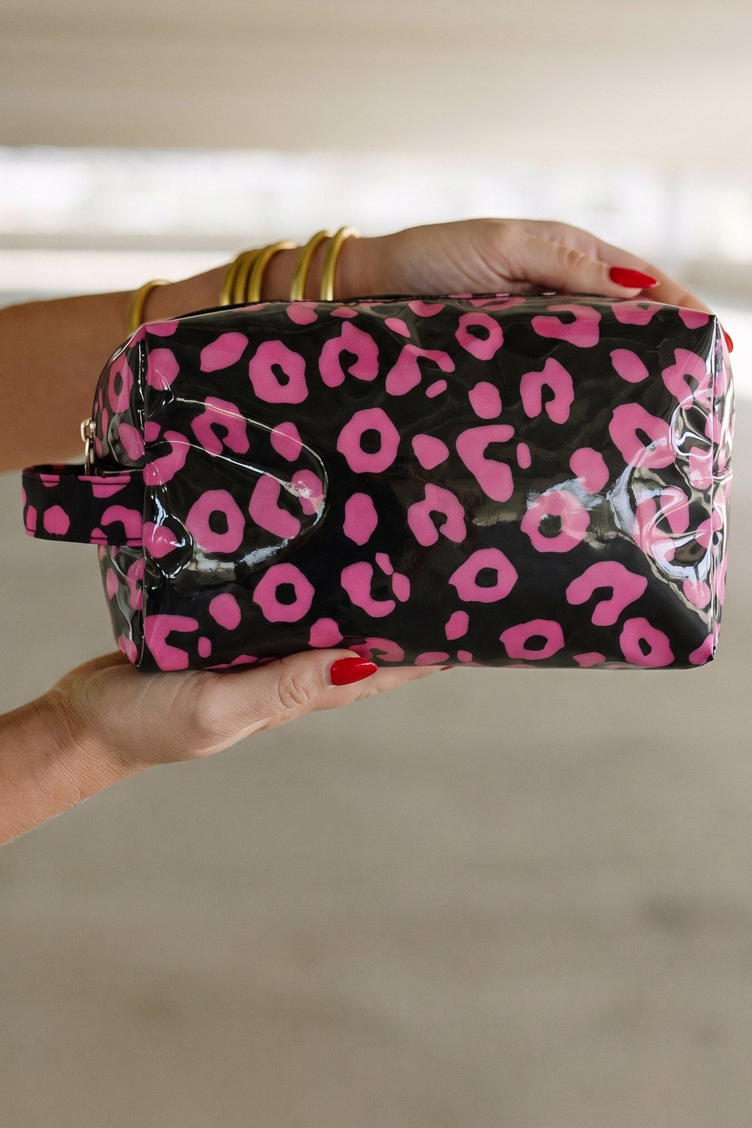 Color black Leopard Print PVC Travel Makeup Organizer Cosmetic Bag