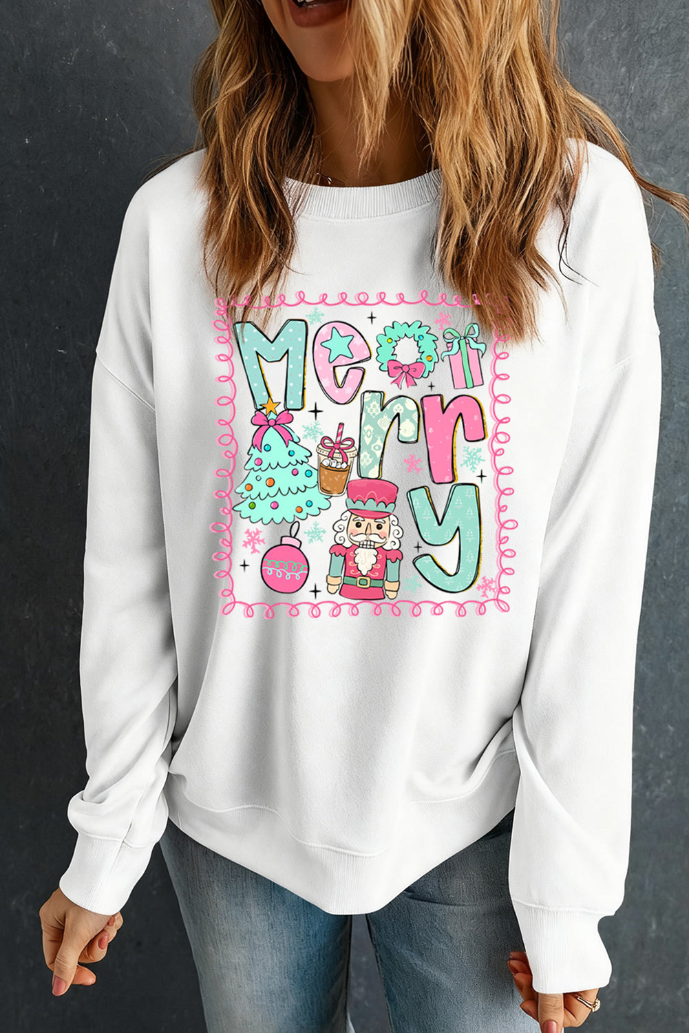 White Merry Christmas Fashion Print Cotton Blend Sweatshirt