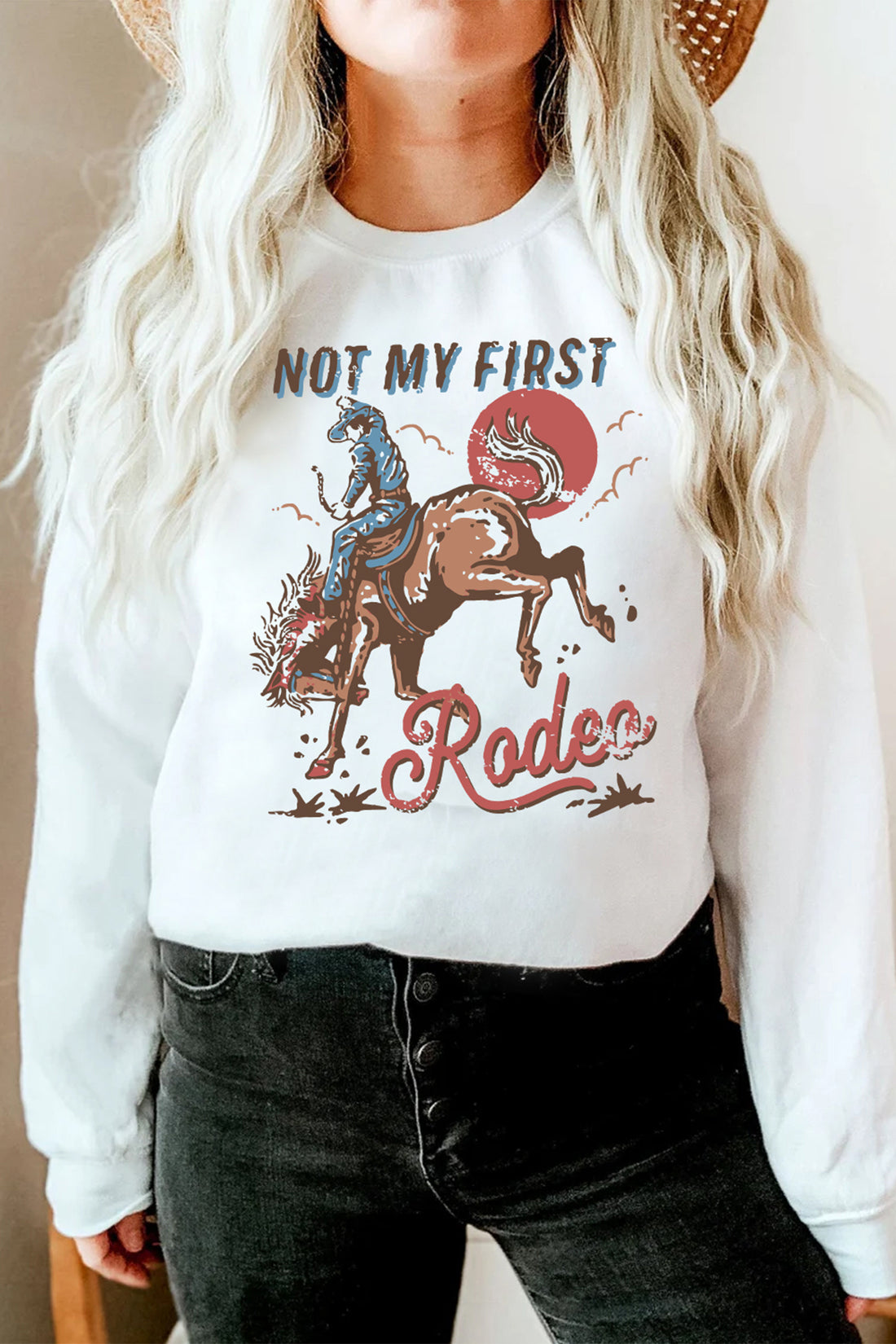 White NOT MY FIRST Rodeo Western Print Pullover Sweatshirt