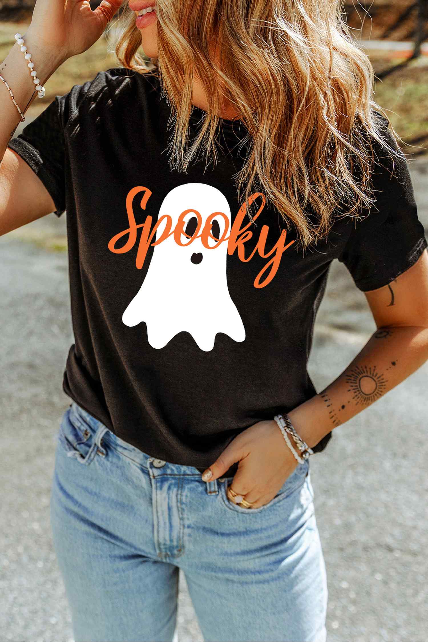 Black Halloween Ghost Spooky Print Graphic T-Shirt