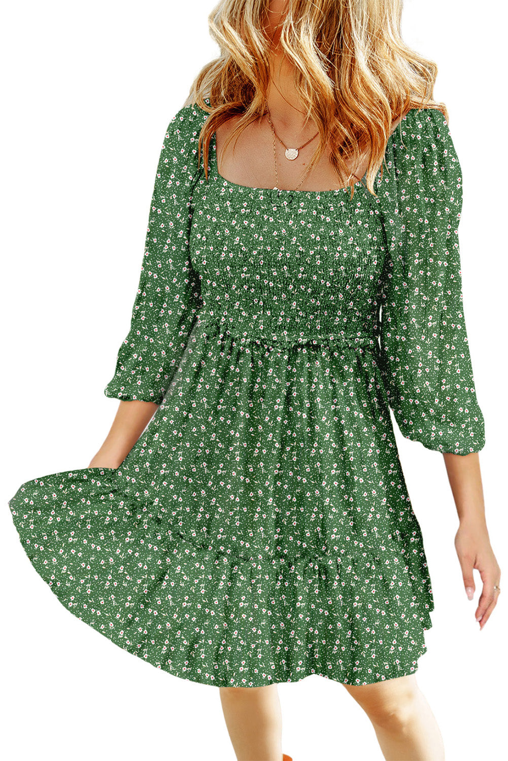 Green Floral 3/4 Sleeve Square Neck Smocked Mini Dress