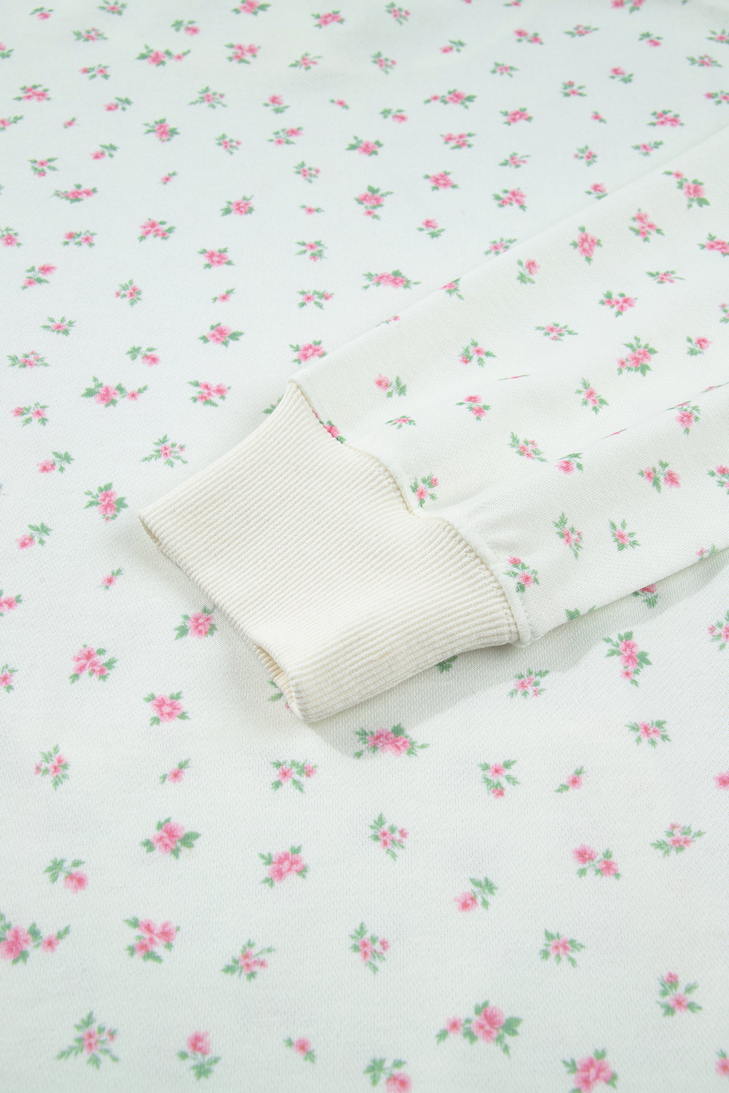 White Floral Print Ribbing Drawstring Hem Long Sleeve Hoodie