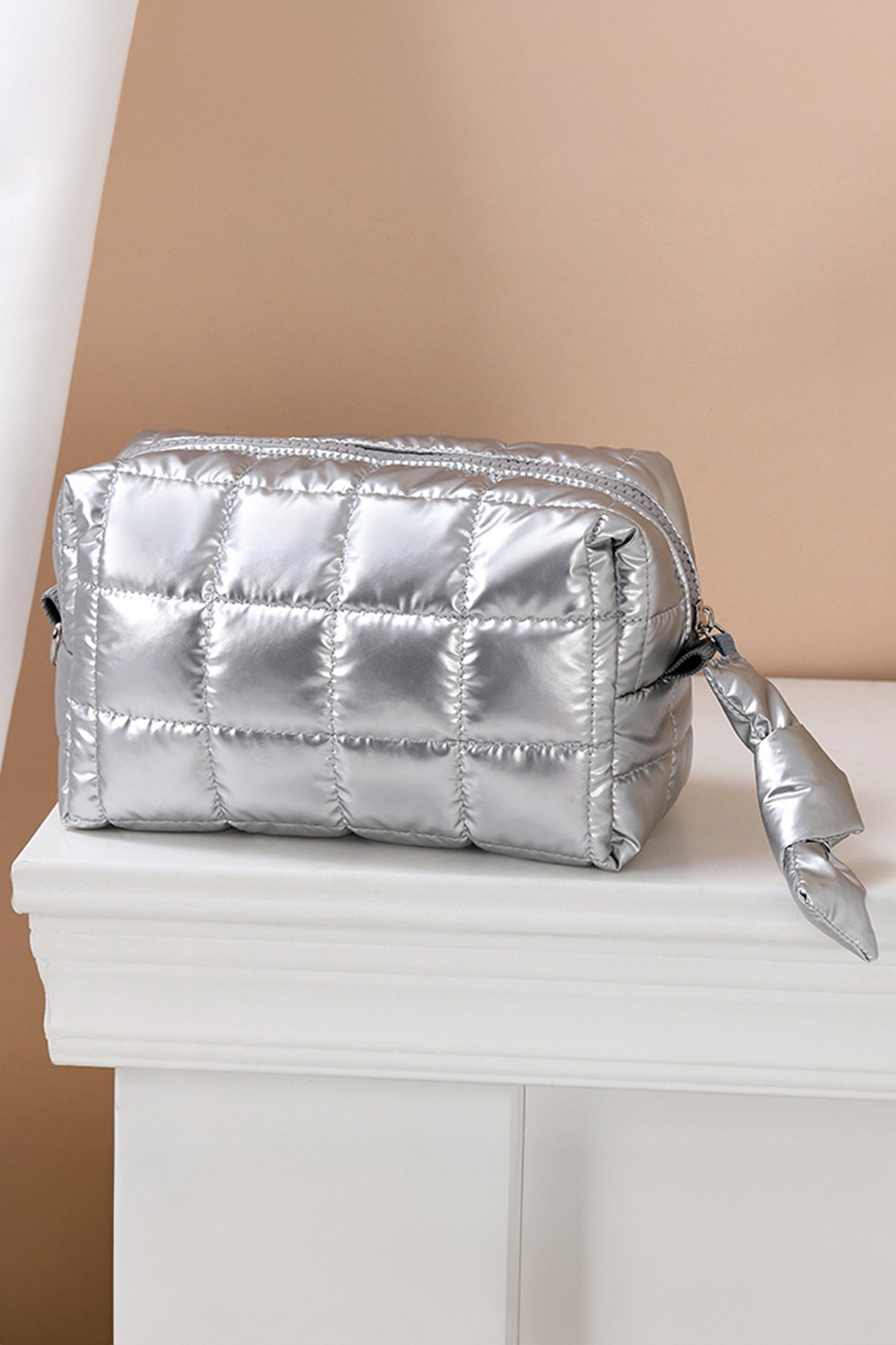 Silvery Solid Color Quilted Nylon Makeup Bag