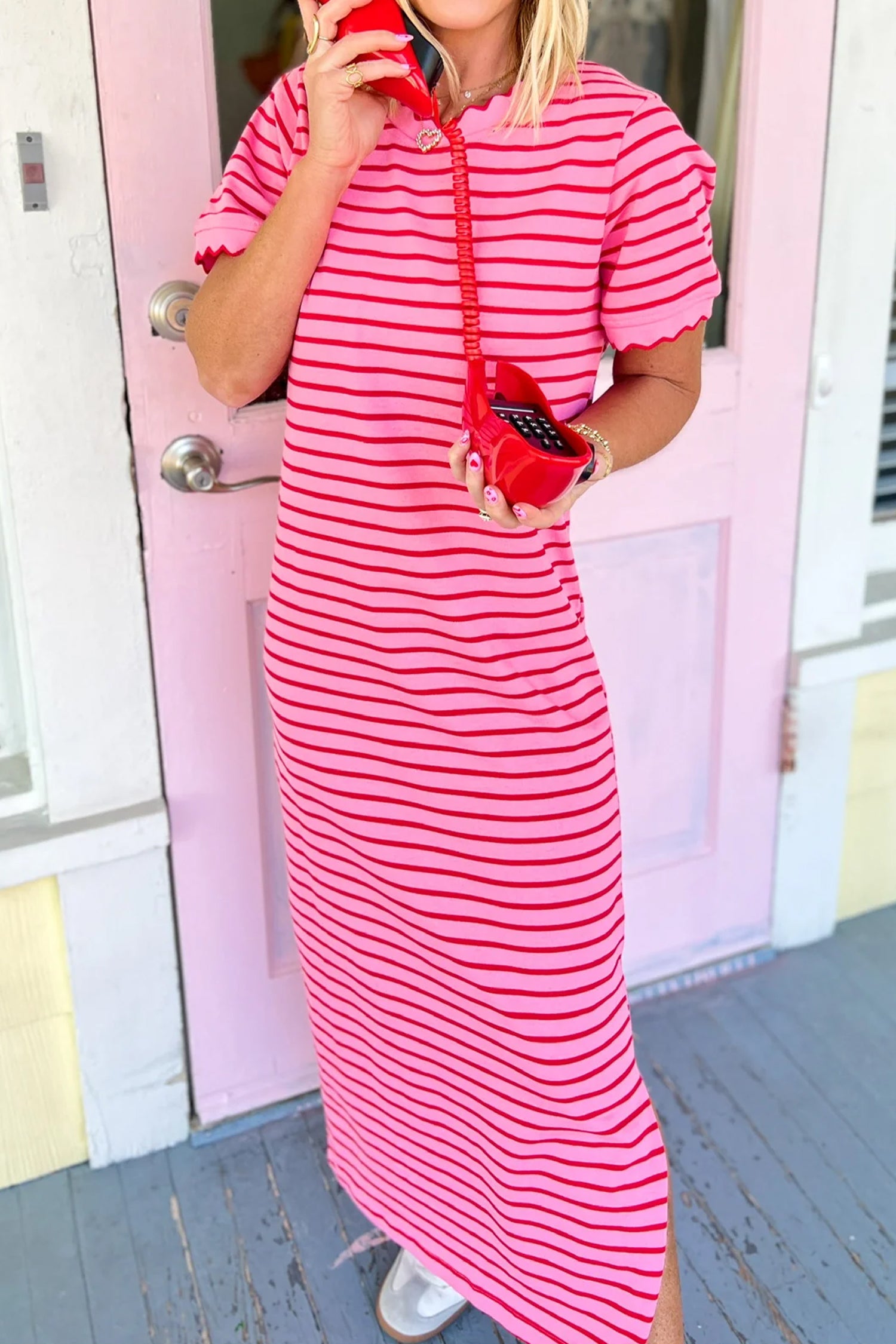 Rose Stripe Striped Short Sleeve Scalloped Trim Side Slit T-Shirt Dress