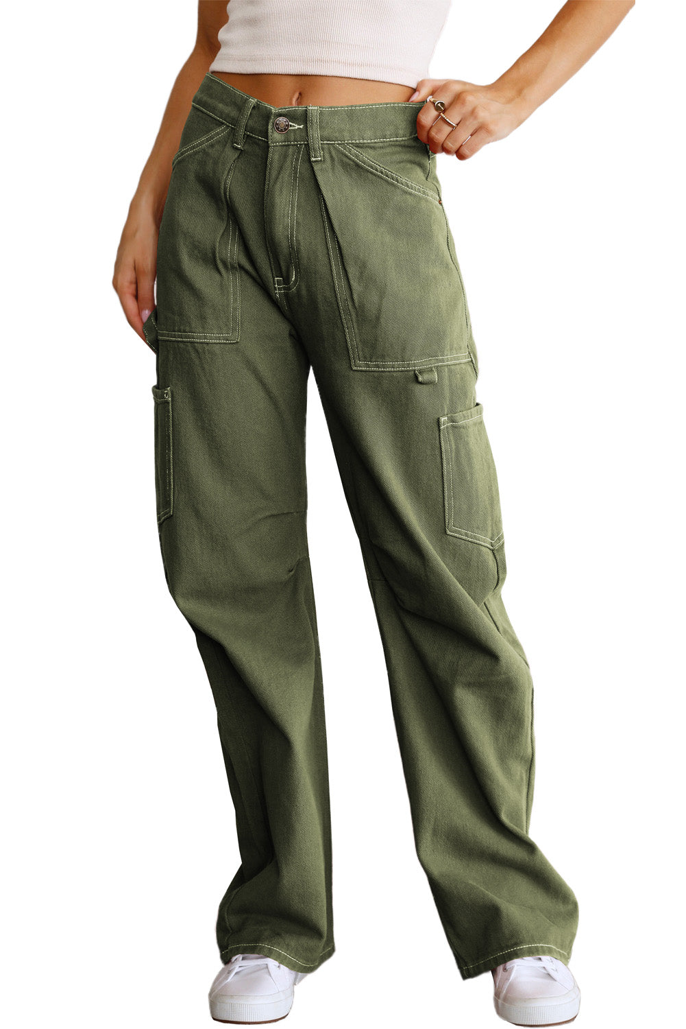 Green-2 High Waist Straight Leg Cargo Pants with Pockets